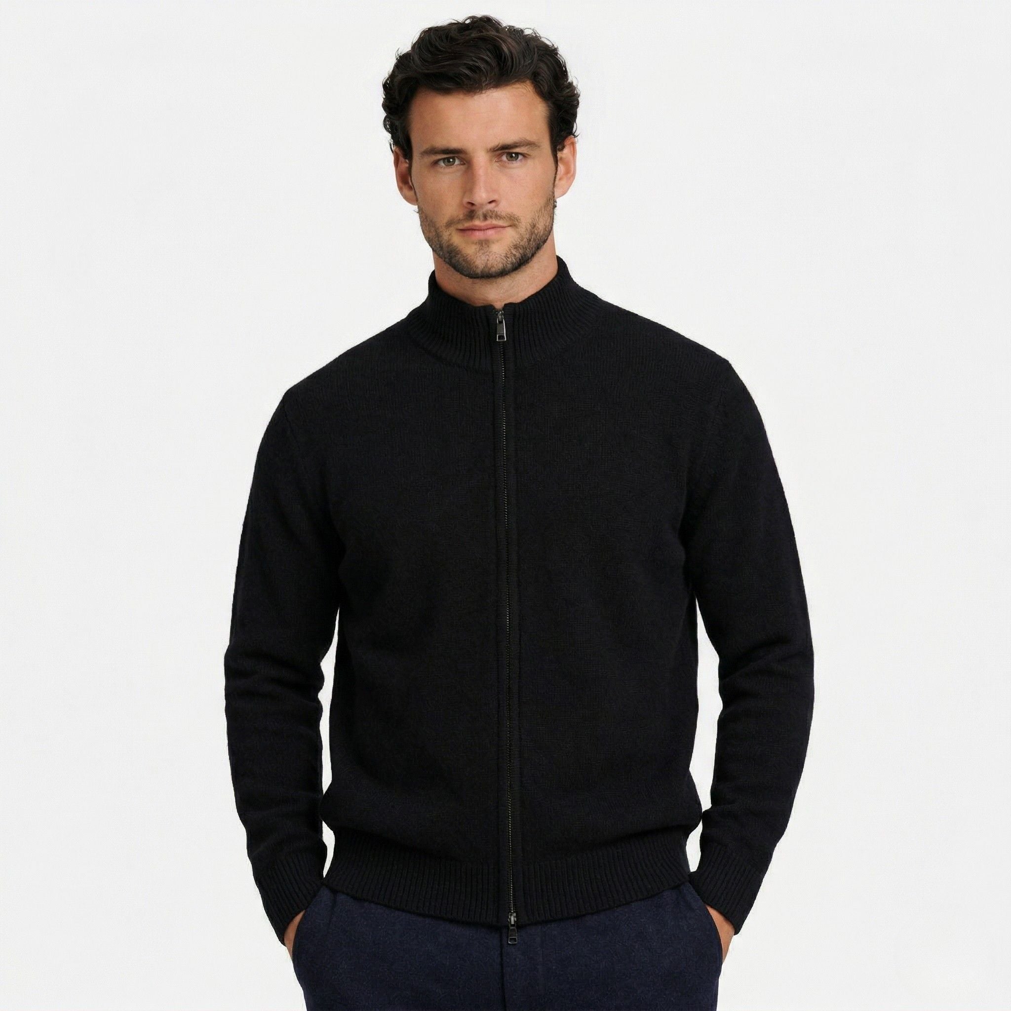 Men's Knit Cardigan Wool-Blend Zip Funnel Neck Regular Fit