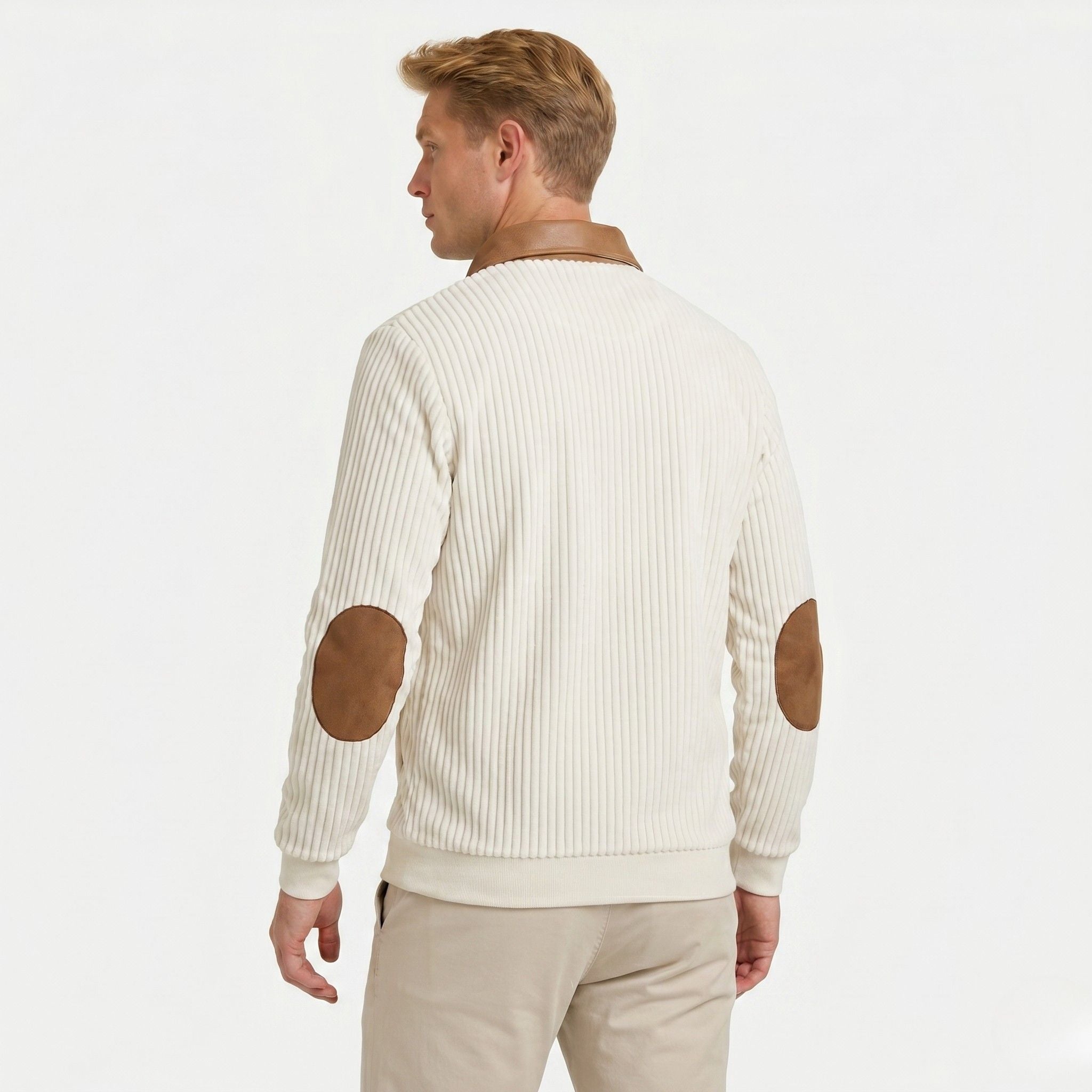Men's Knit Jumper Quarter-Zip Ribbed Elbow Patches Regular Fit