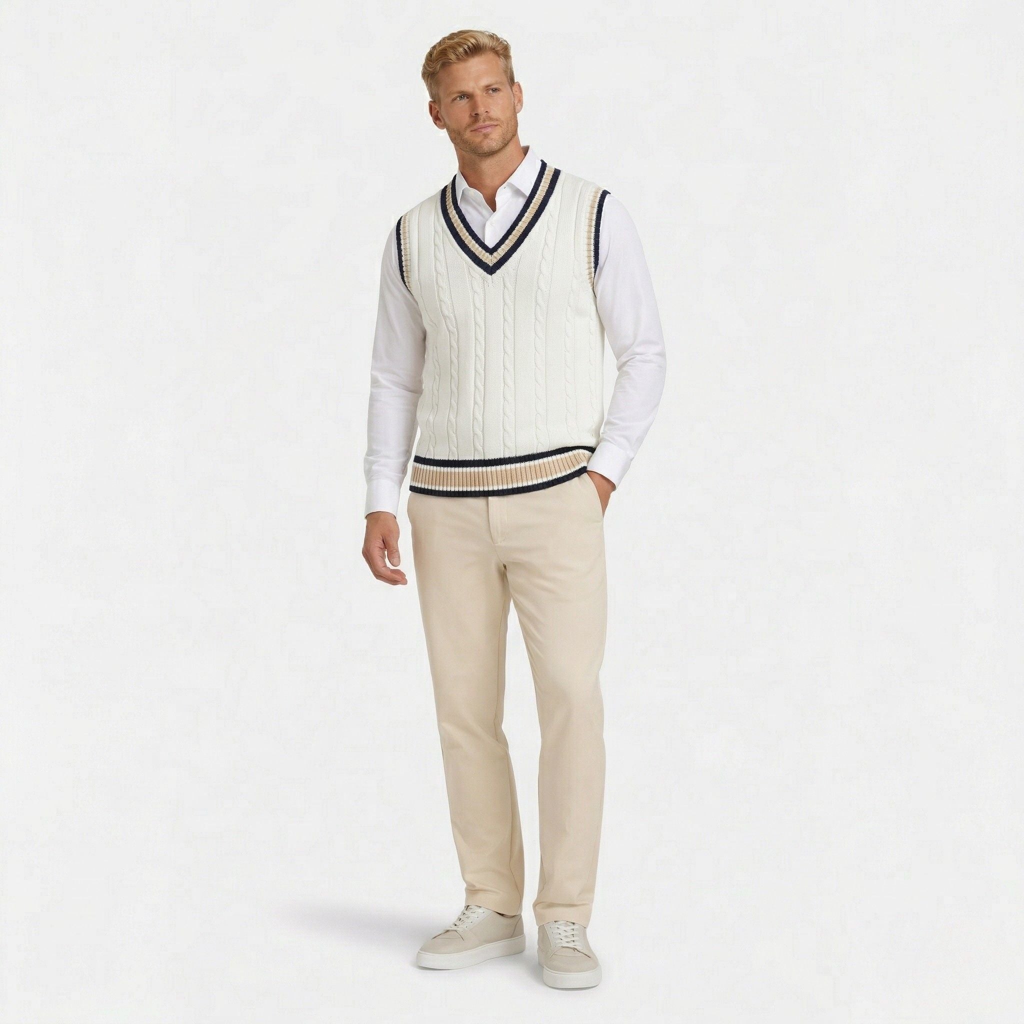 Men's Classic Knit Jumper V Neck Cable Wool Business Wear
