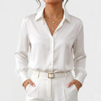 Women's Satin Blouse Long Sleeve Button-Down Point Collar Relaxed Fit