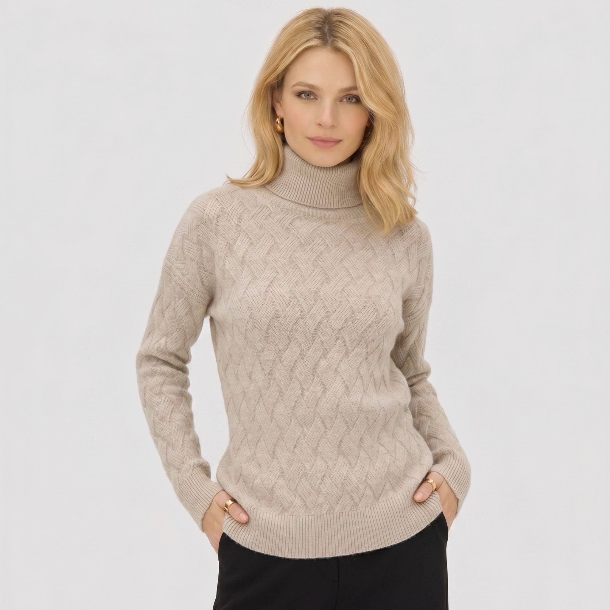 Women's Turtleneck Knit Jumper Basketweave Regular Fit