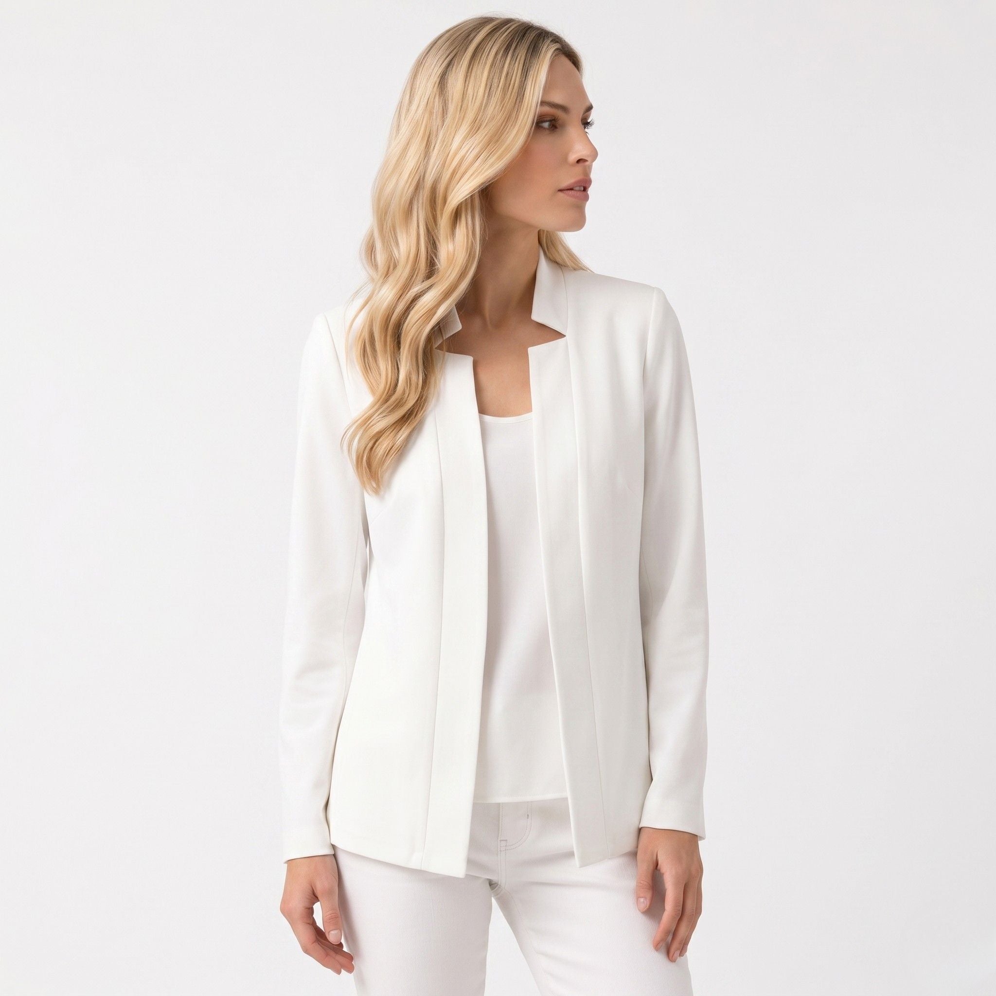 Women's Blazer Collarless Open-Front Longline Tailored Fit