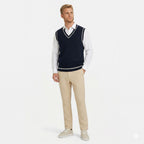 Men's Classic Knit Jumper V Neck Cable Wool Business Wear