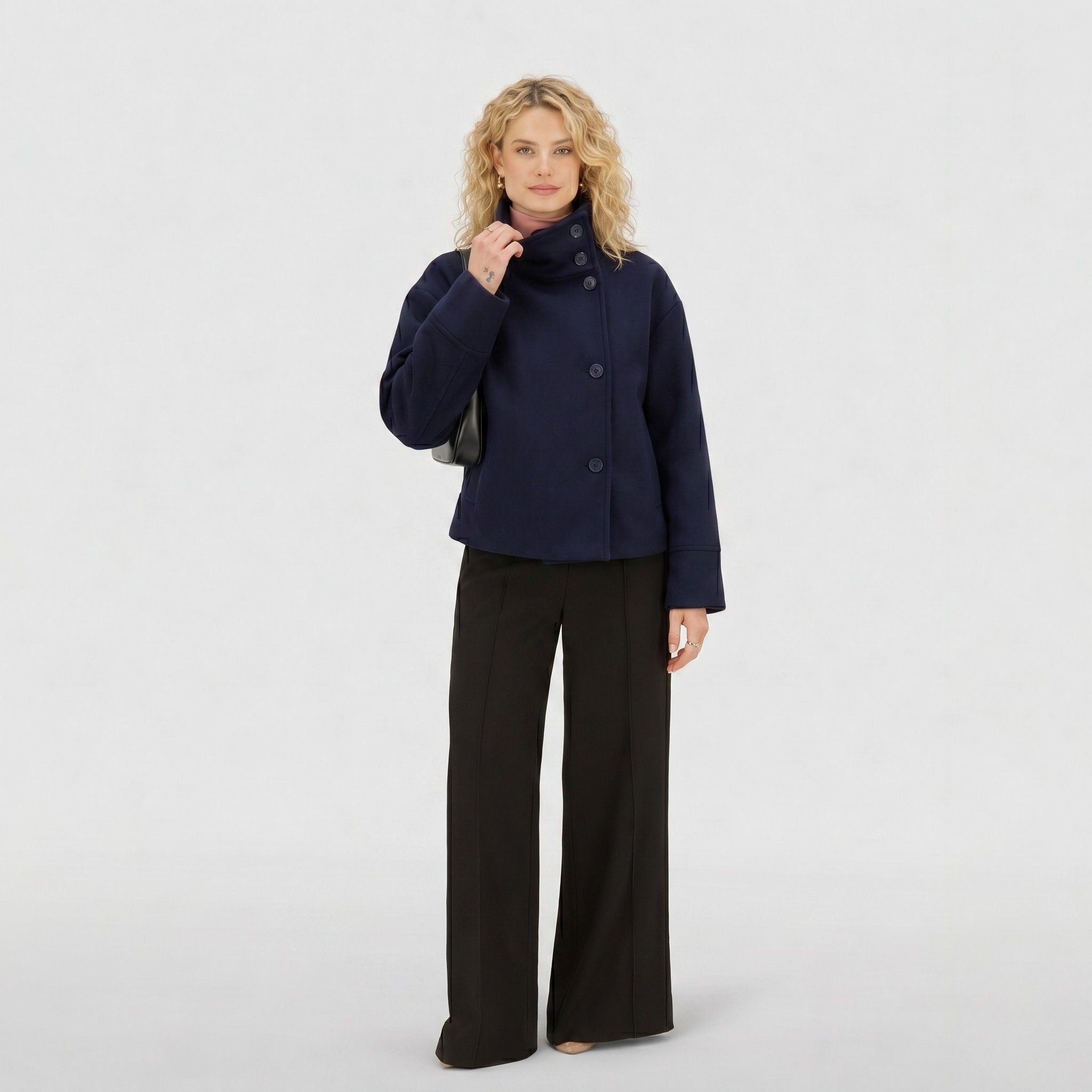 Women's Wool-Blend Coat Jacket Single-Breasted Funnel Neck