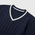 Women's Knit Jumper Cable V-Neck Cricket Stripe Regular Fit