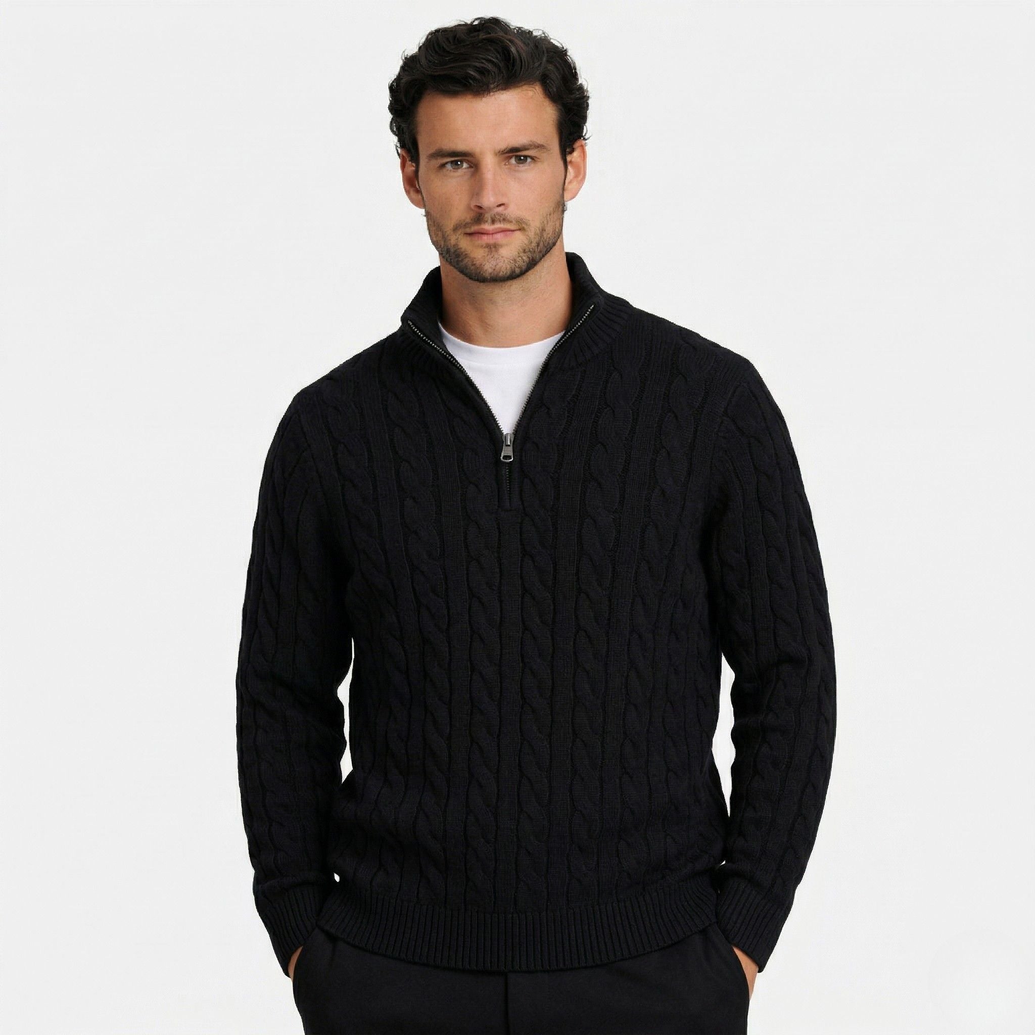 Men's Knit Jumper Cable Quarter-Zip Funnel Neck Regular Fit