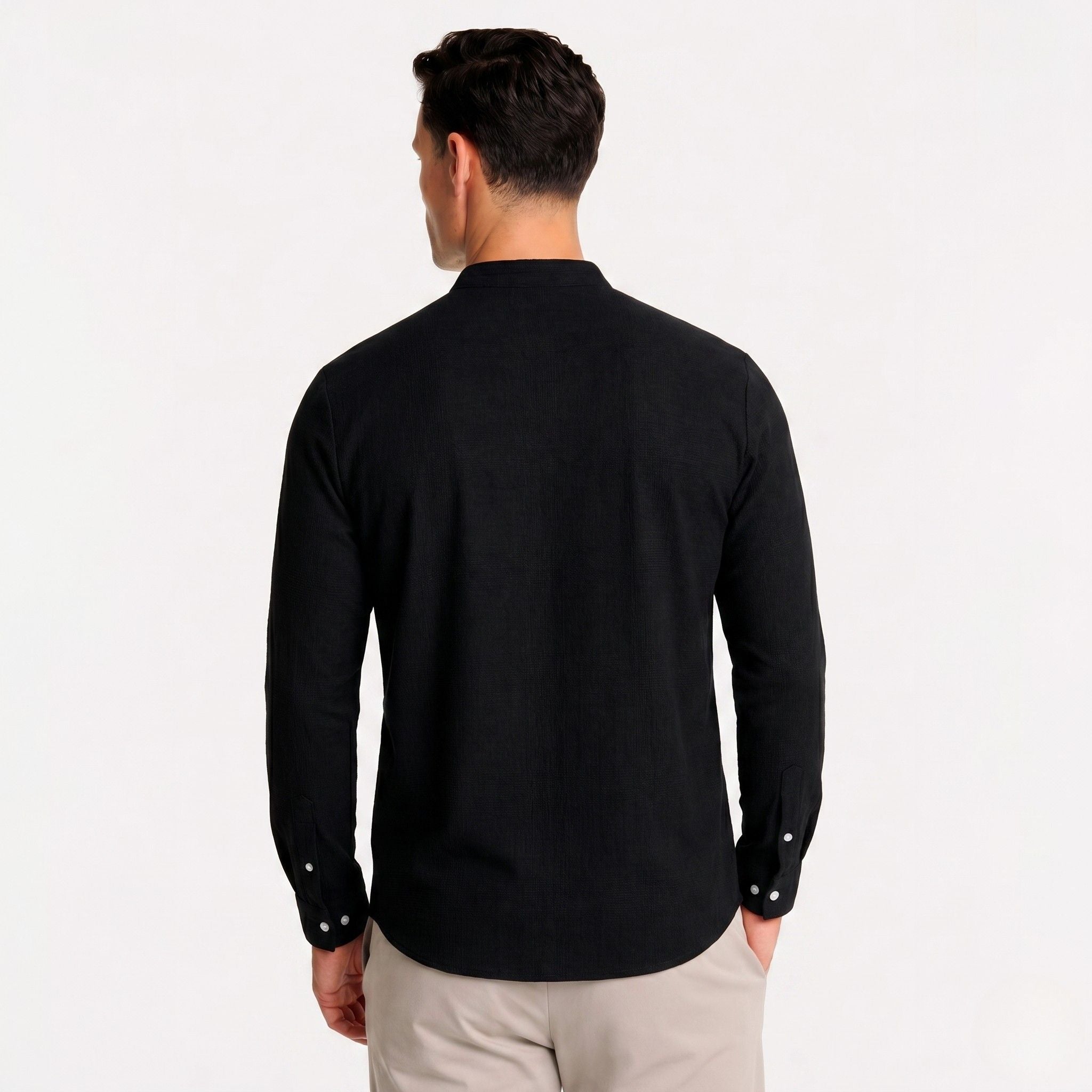 Men's Long Sleeve Shirt Mandarin Collar Pintuck Regular Fit