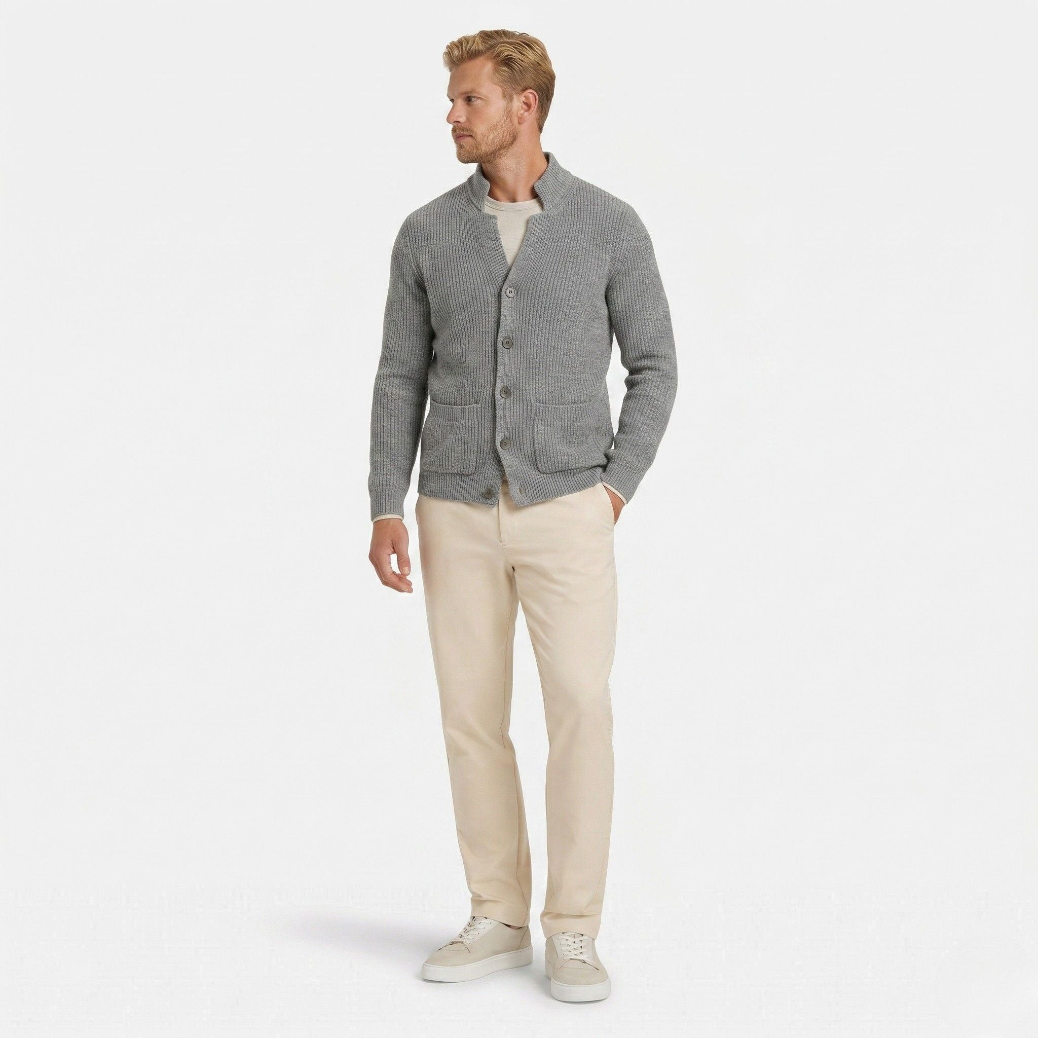 Men's Knit Cardigan Ribbed Patch Pocket Regular Fit