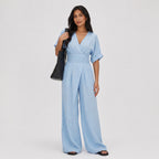 Women's Wrap Jumpsuit V-Neck Batwing Sleeve Wide Leg Relaxed Fit
