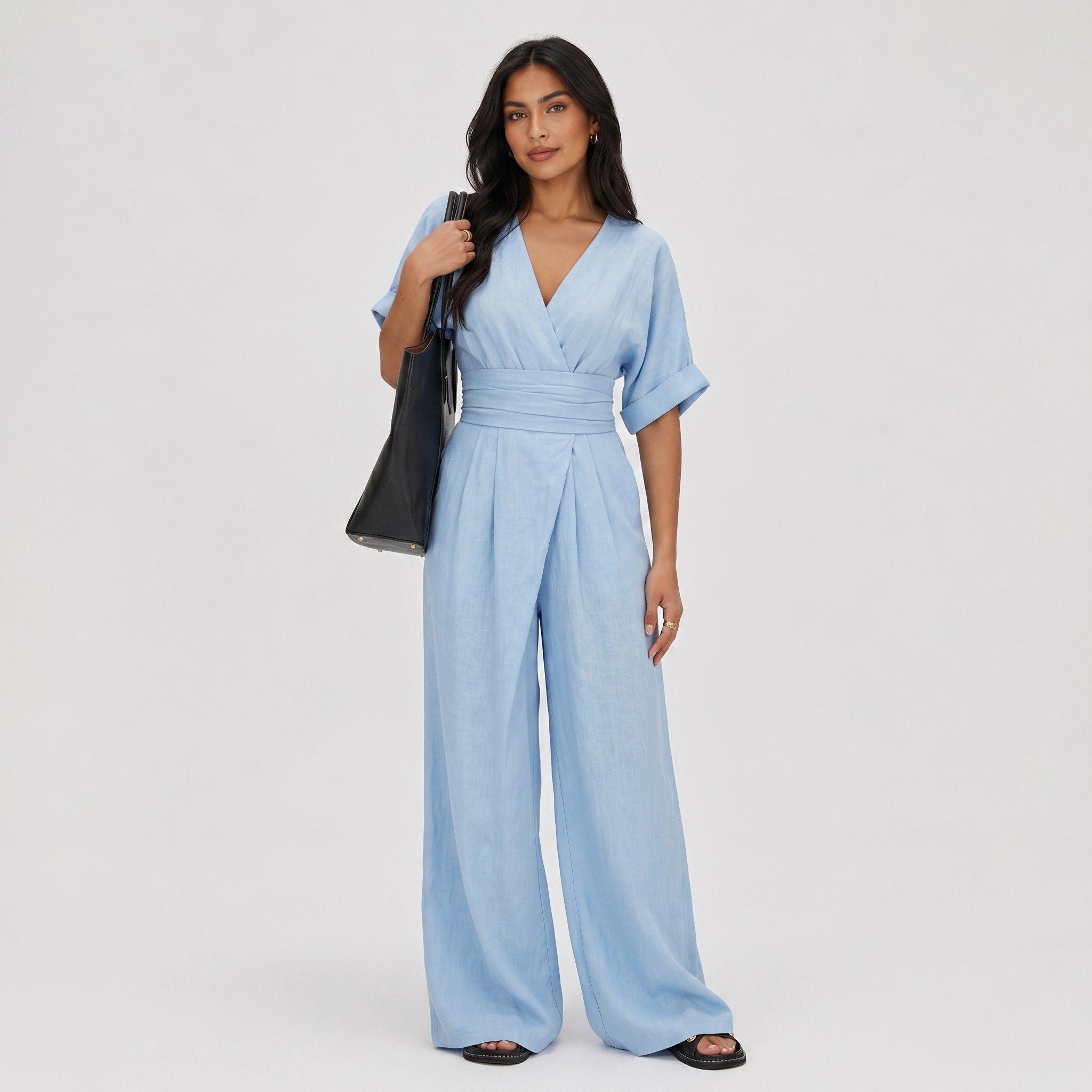 Women's Wrap Jumpsuit V-Neck Batwing Sleeve Wide Leg Relaxed Fit
