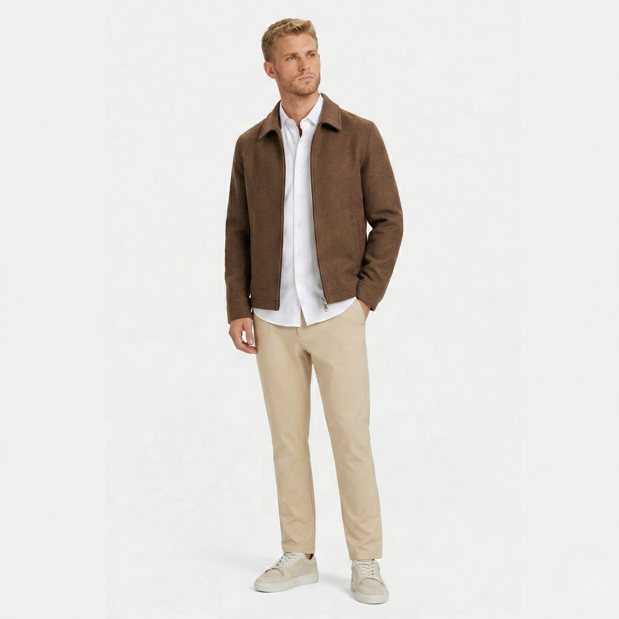 Men's Wool-Blend Harrington Jacket Full-Zip Point Collar Regular Fit