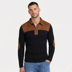 Men's Knit Jumper Quarter-Zip Ribbed Elbow Patches Regular Fit