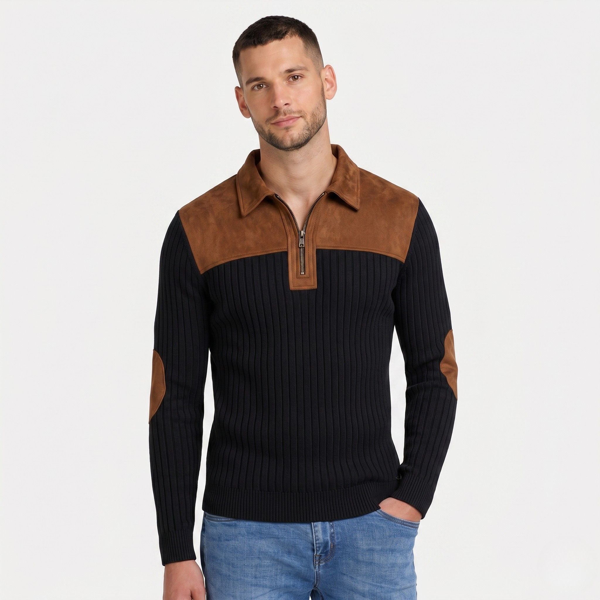 Men's Knit Jumper Quarter-Zip Ribbed Elbow Patches Regular Fit