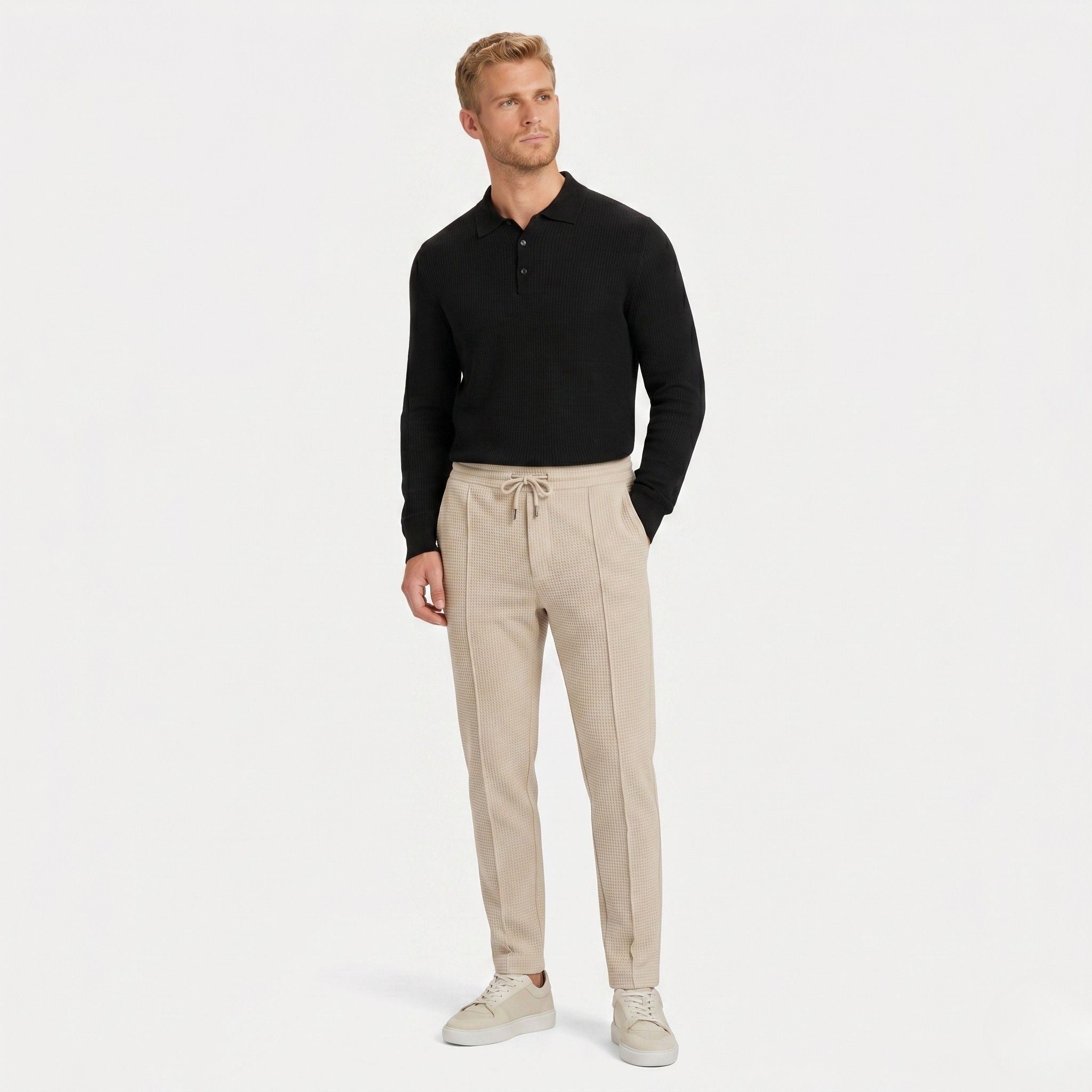 Men's Waffle Knit Trousers Elasticated Drawstring Waist Pintuck Seam Slim Fit