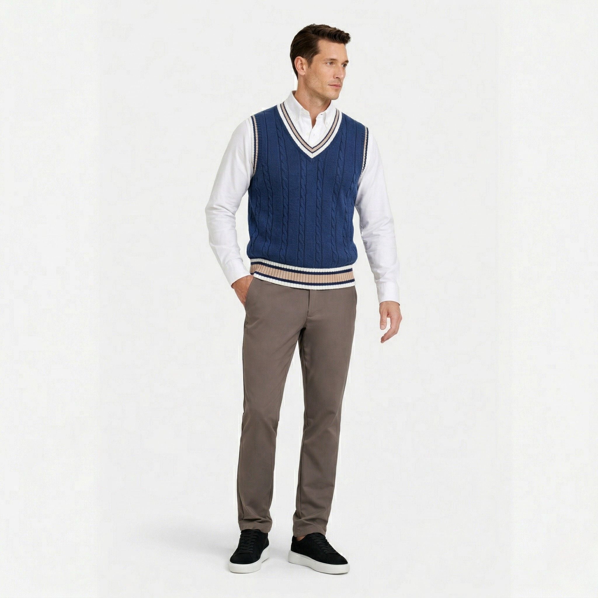 Men's Classic Knit Jumper V Neck Cable Wool Business Wear