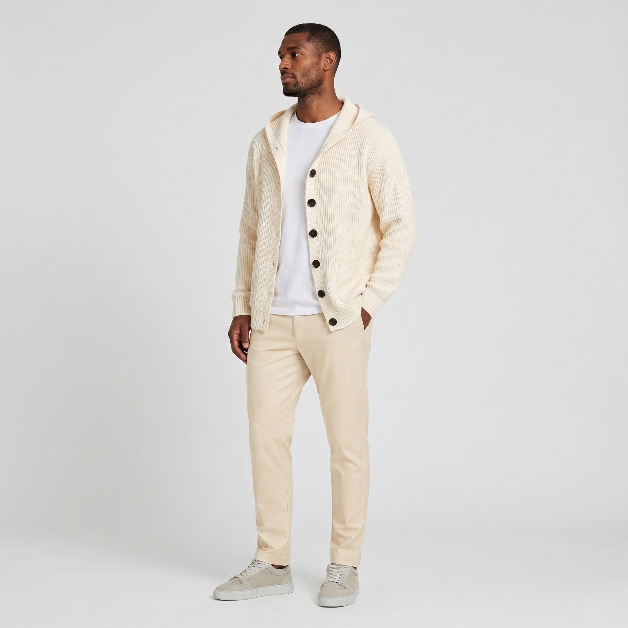 Men's Knit Cardigan Ribbed Hooded Button-Front Regular Fit