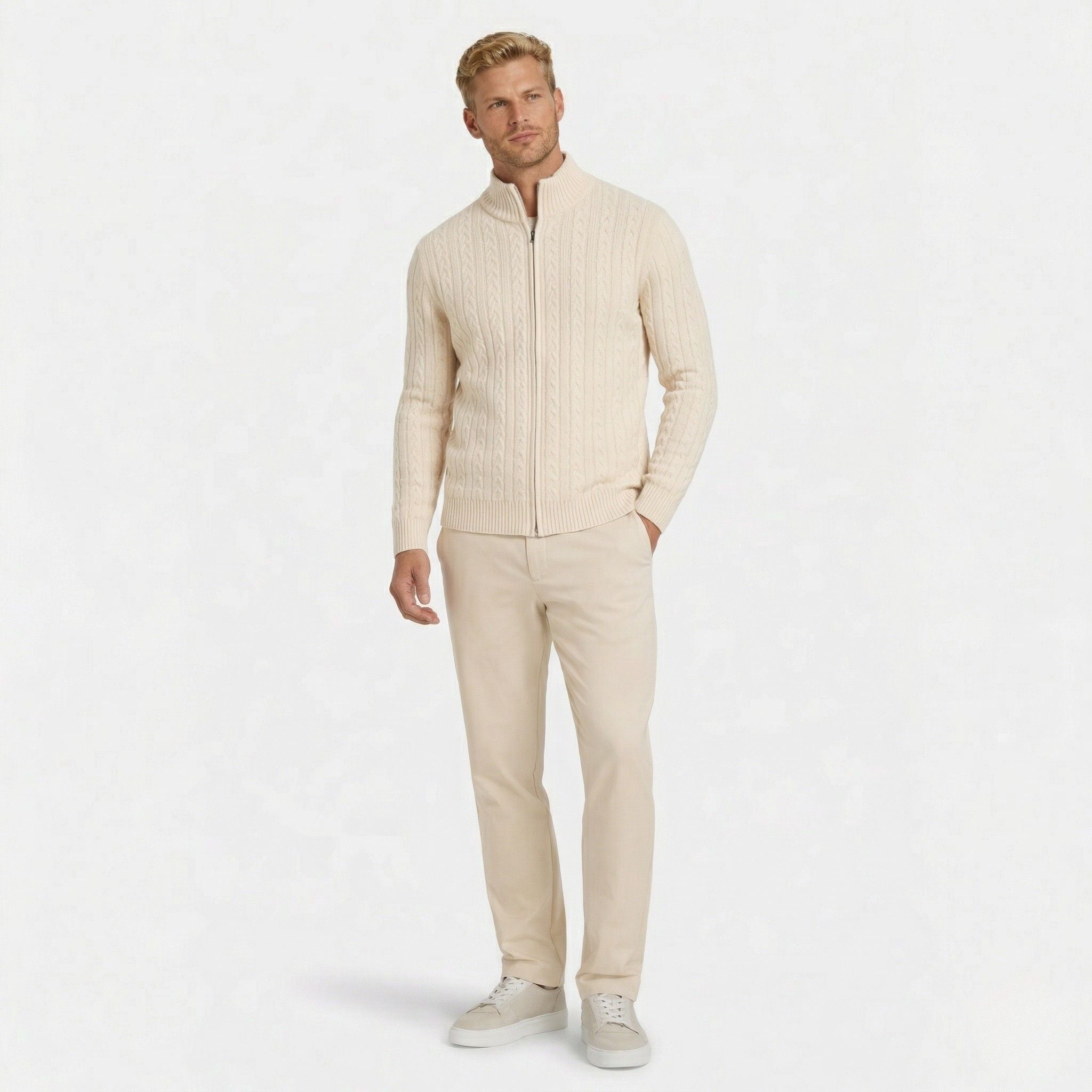 Men's Knit Jumper Cardigan Full-Zip Cable Regular Fit