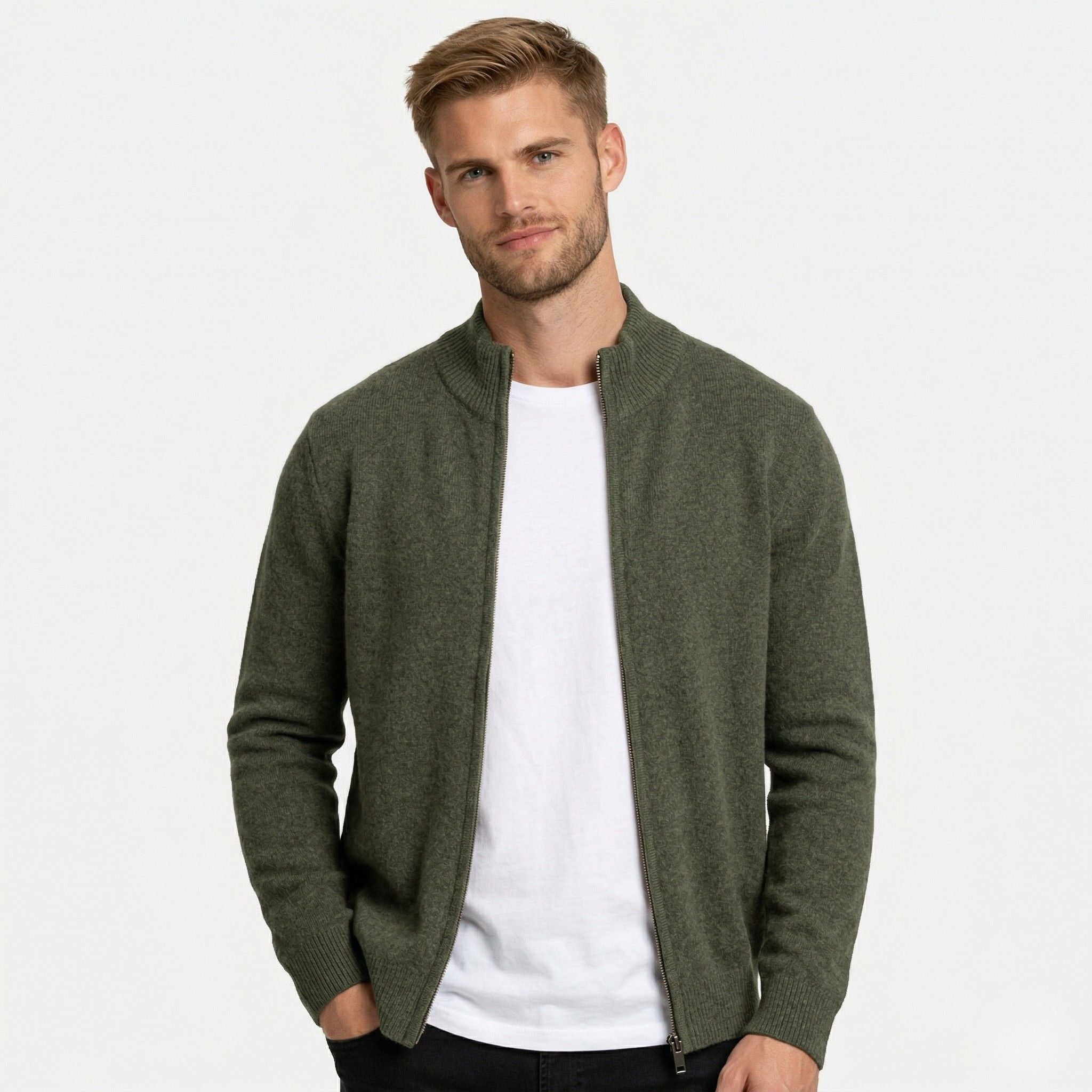 Men's Knit Cardigan Wool-Blend Zip Funnel Neck Regular Fit