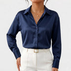Women's Satin Blouse Long Sleeve Button-Down Point Collar Relaxed Fit