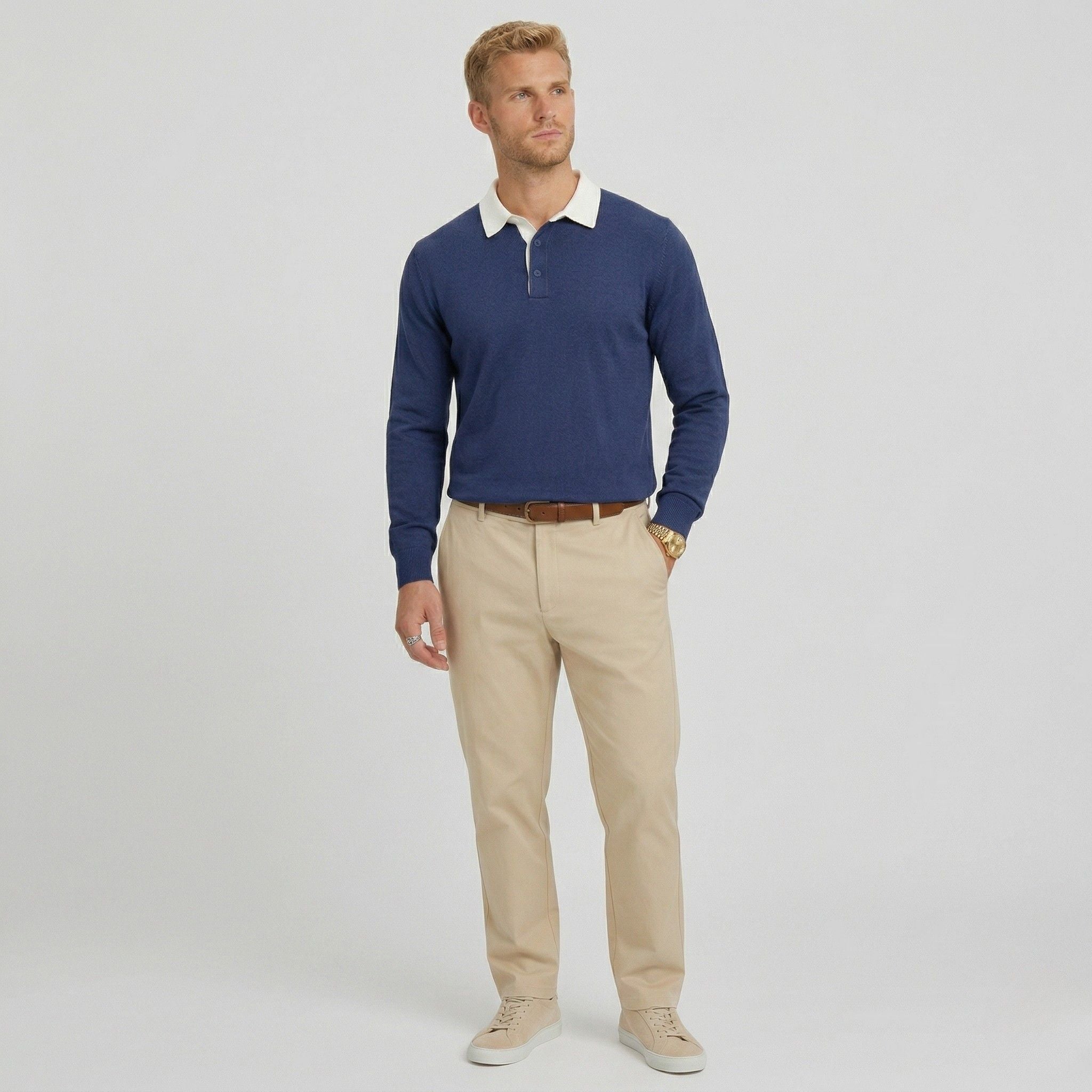 Men's Knit Polo Long Sleeve Contrast Collar Regular Fit