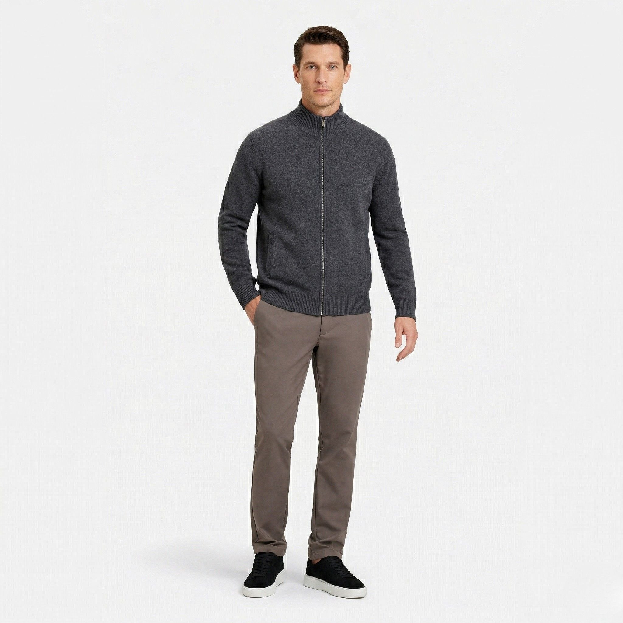 Men's Knit Cardigan Wool-Blend Zip Funnel Neck Regular Fit