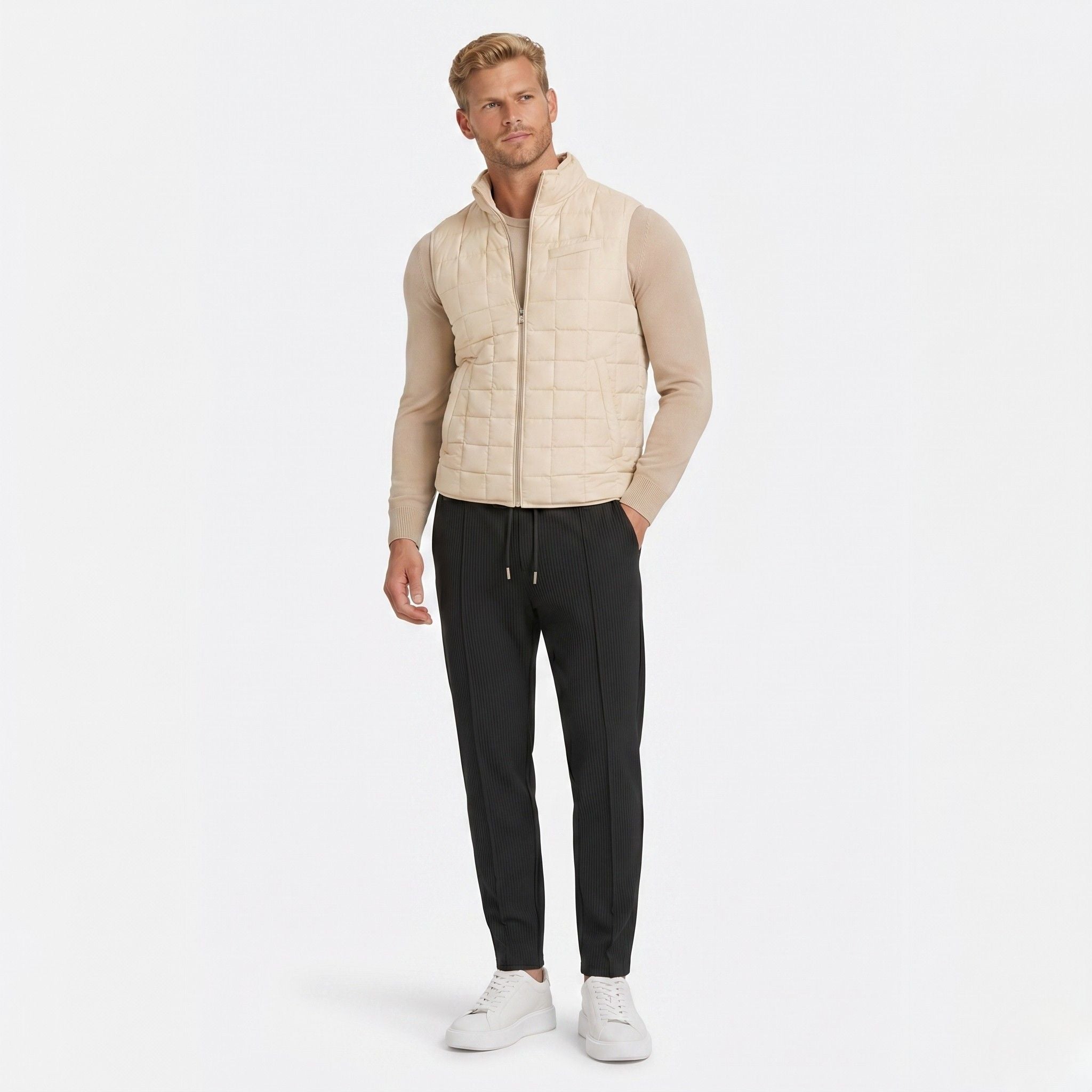 Men's Waffle Knit Trousers Elasticated Drawstring Waist Pintuck Seam Slim Fit
