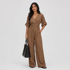 Women's Wrap Jumpsuit V-Neck Batwing Sleeve Wide Leg Relaxed Fit