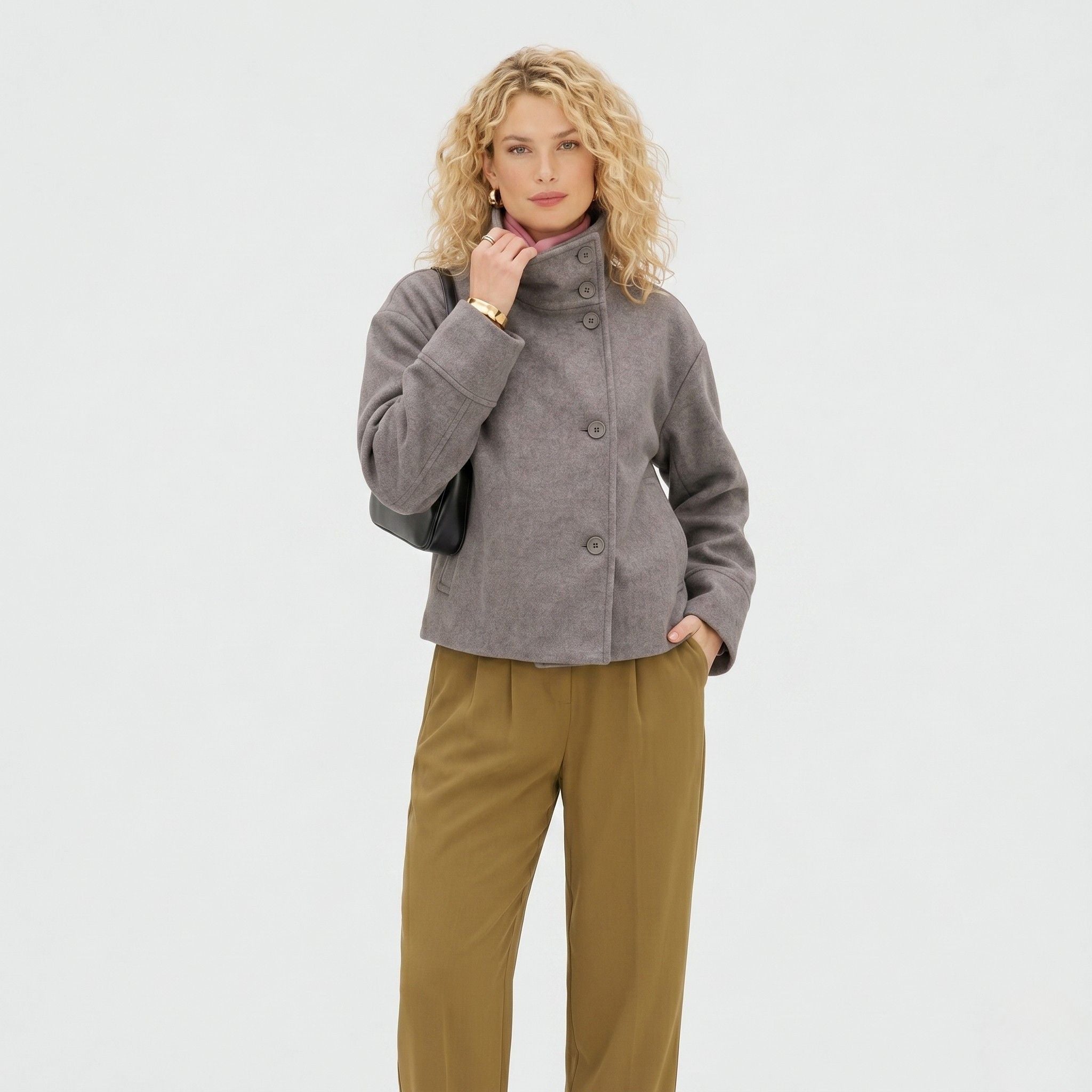 Women's Wool-Blend Coat Jacket Single-Breasted Funnel Neck