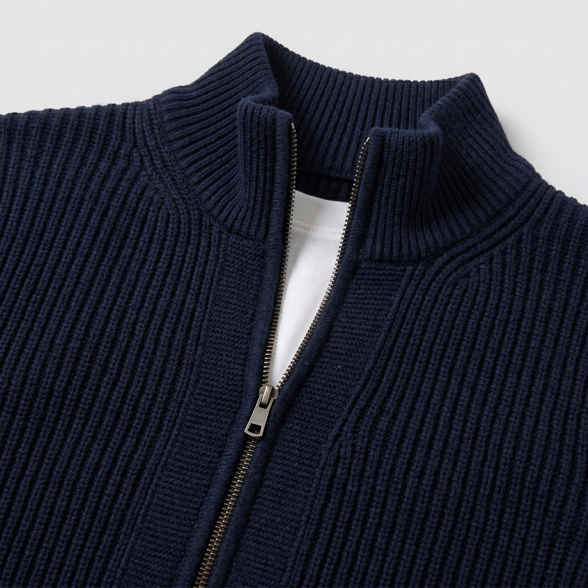 Men's Knit Cardigan Ribbed Full-Zip Funnel Neck Regular Fit