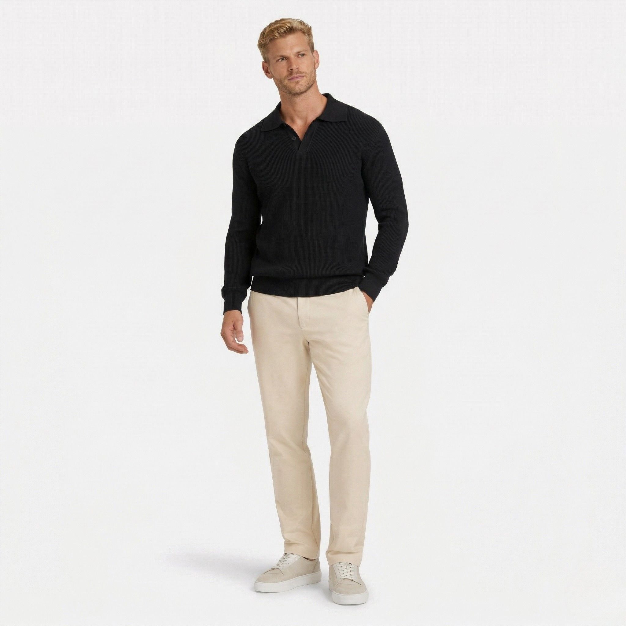 Men's Knit Polo Ribbed Long Sleeve Open Collar Regular Fit