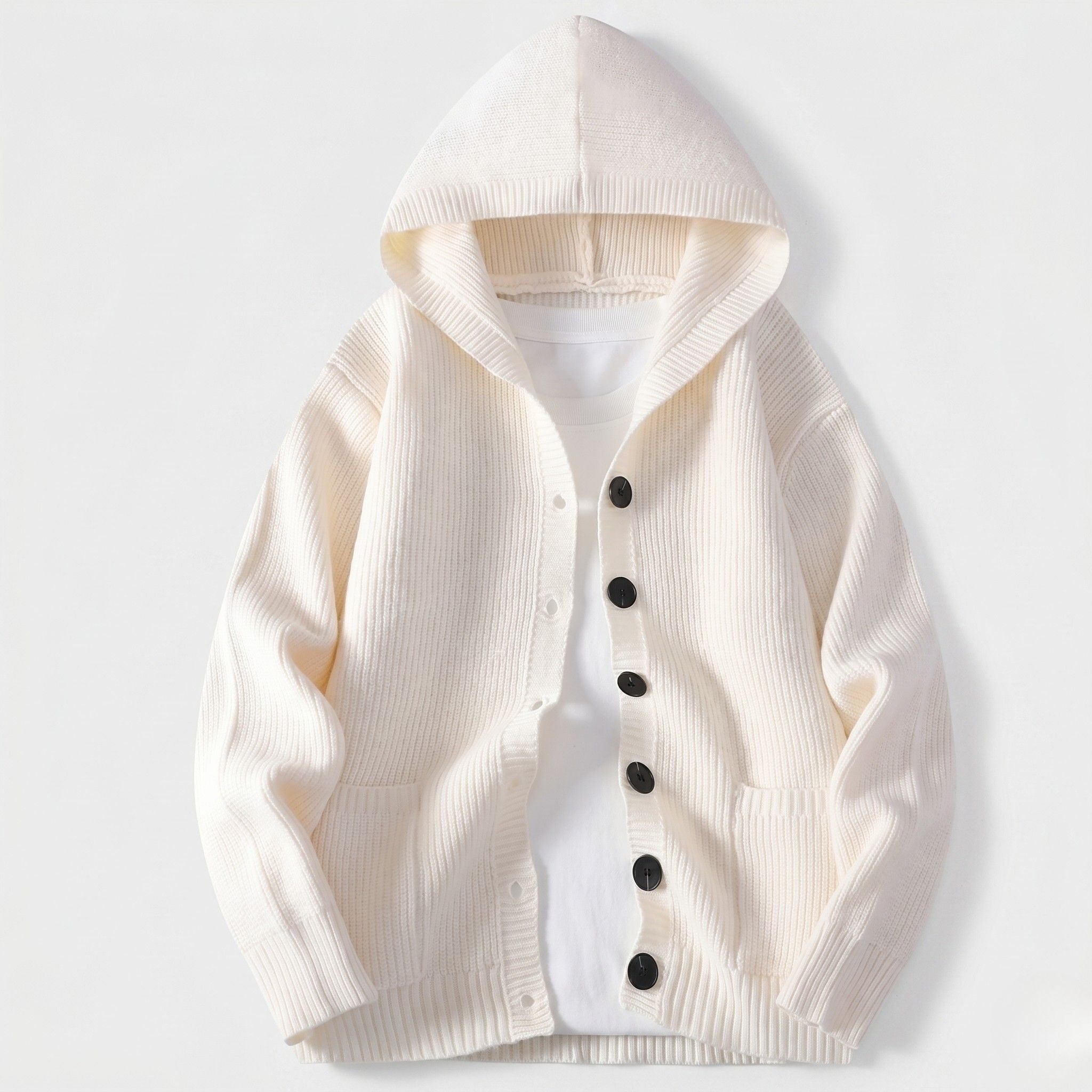Men's Knit Cardigan Ribbed Hooded Button-Front Regular Fit