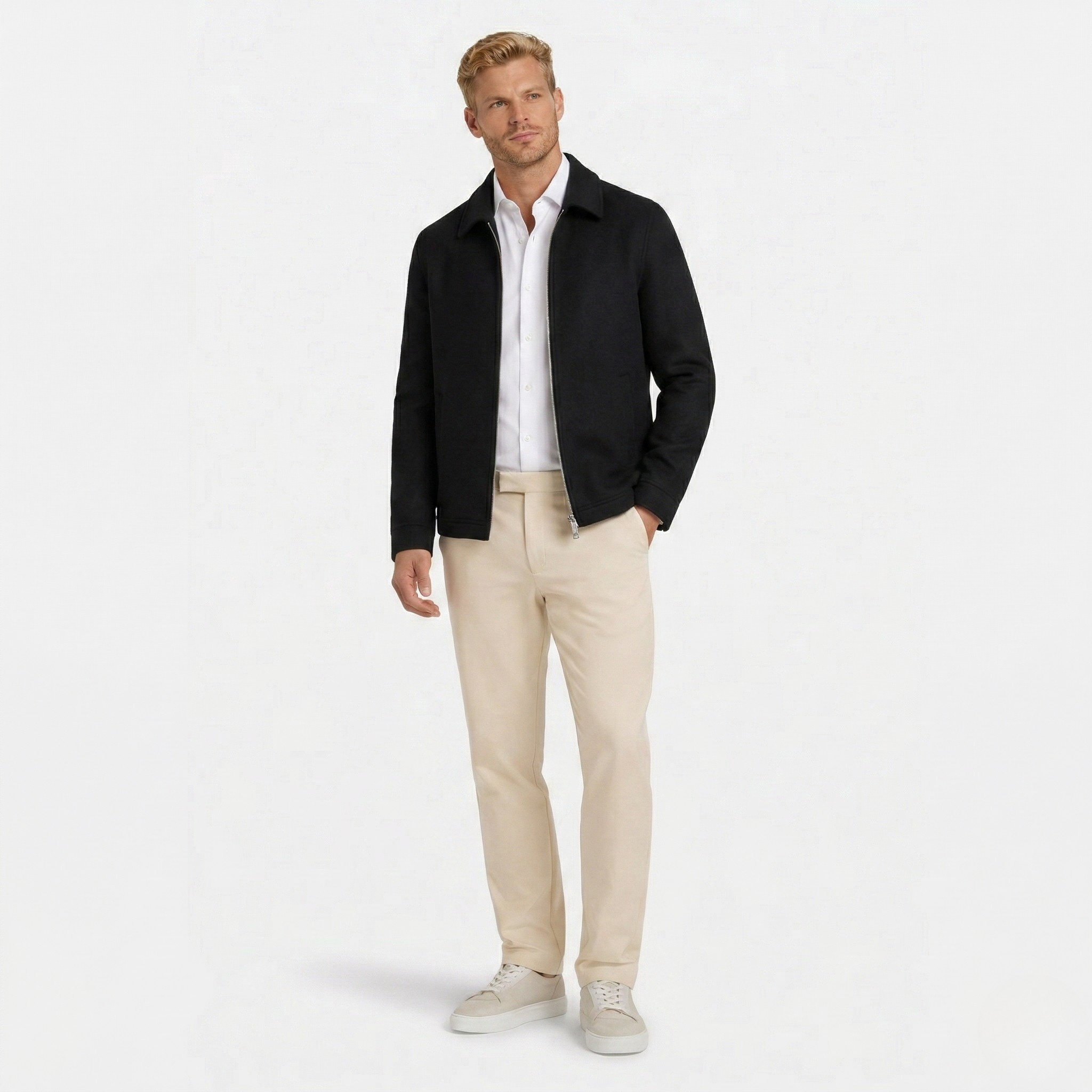 Men's Wool-Blend Harrington Jacket Full-Zip Point Collar Regular Fit
