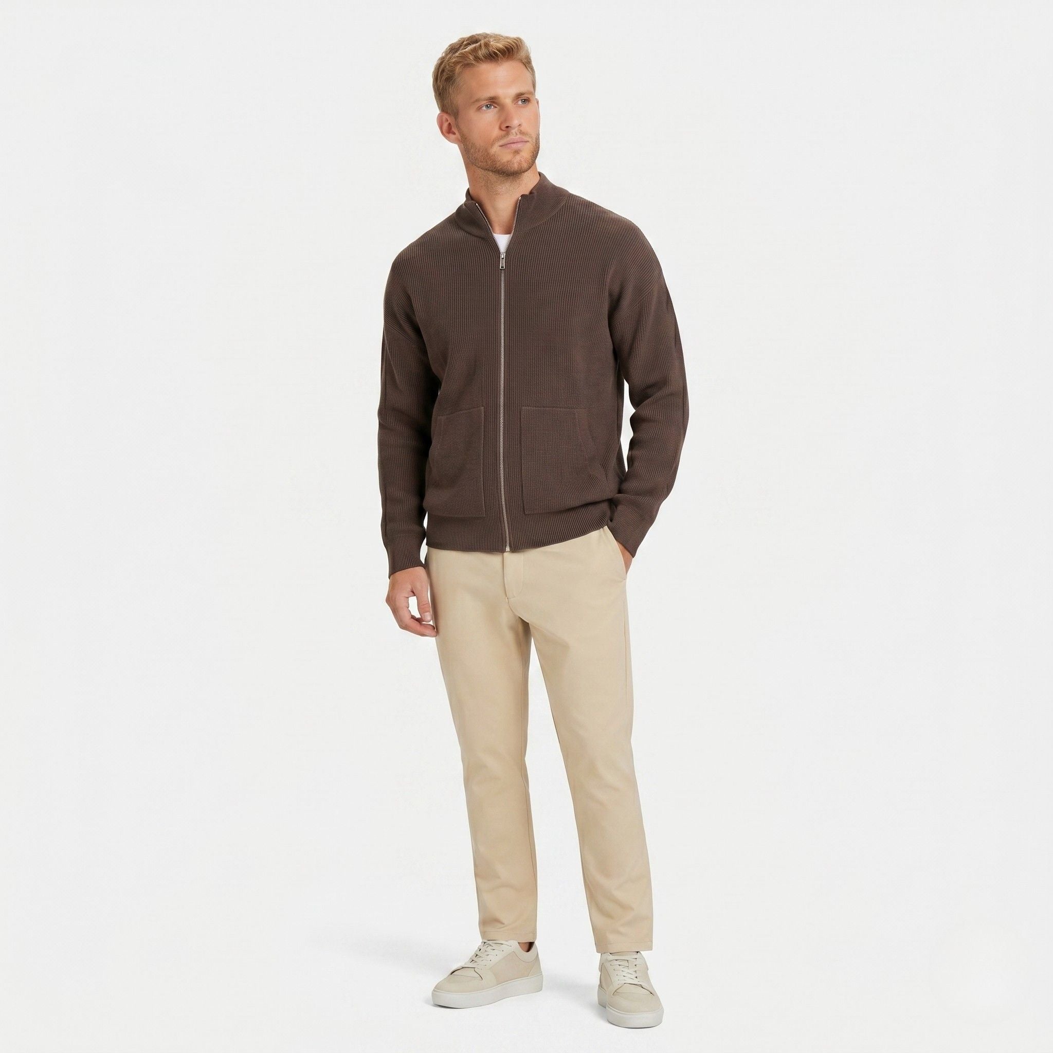 Men's Knit Cardigan Ribbed Zip Regular Fit