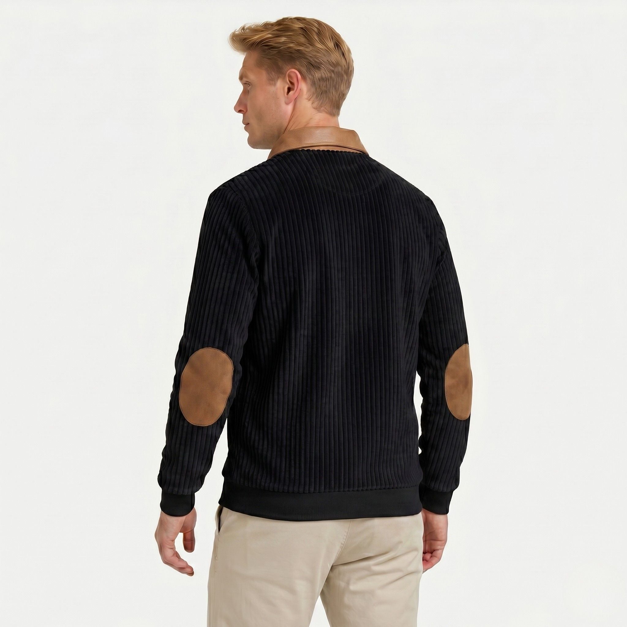Men's Knit Jumper Quarter-Zip Ribbed Elbow Patches Regular Fit