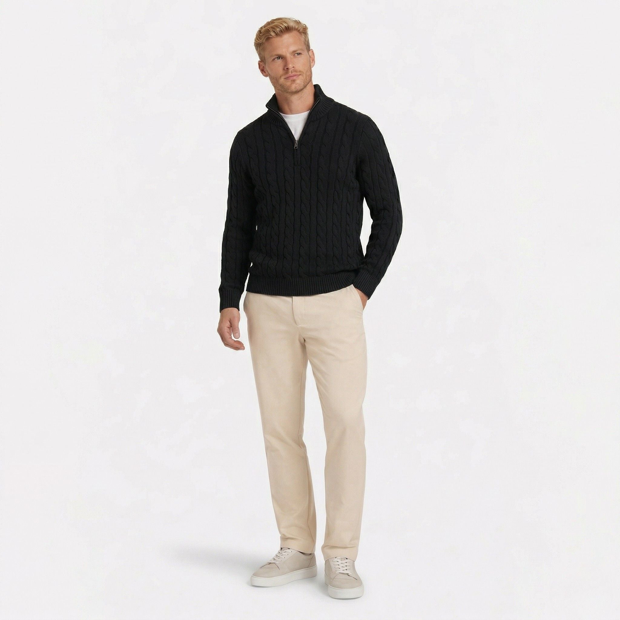 Men's Knit Jumper Cable Quarter-Zip Funnel Neck Regular Fit