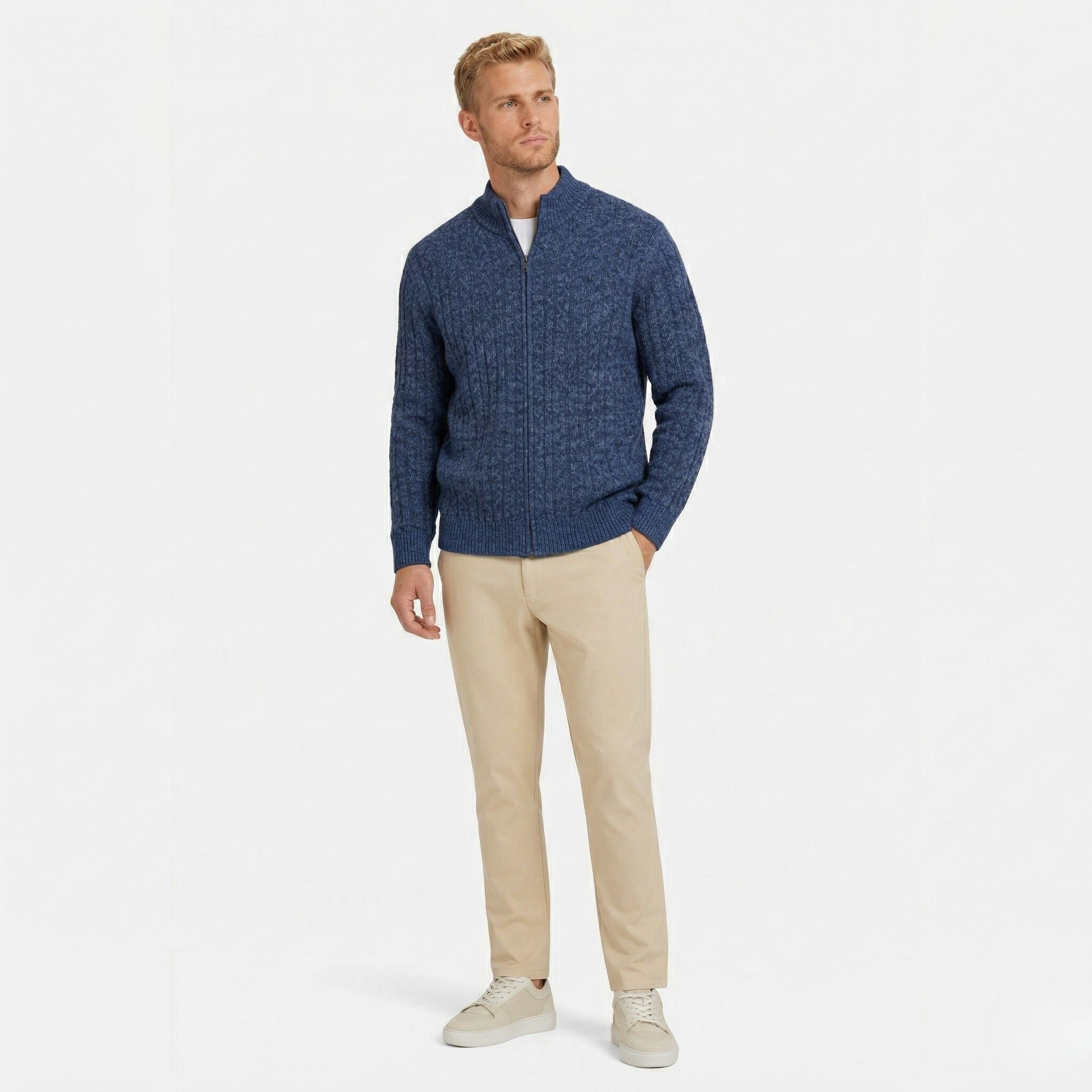 Men's Knit Jumper Cardigan Full-Zip Cable Regular Fit