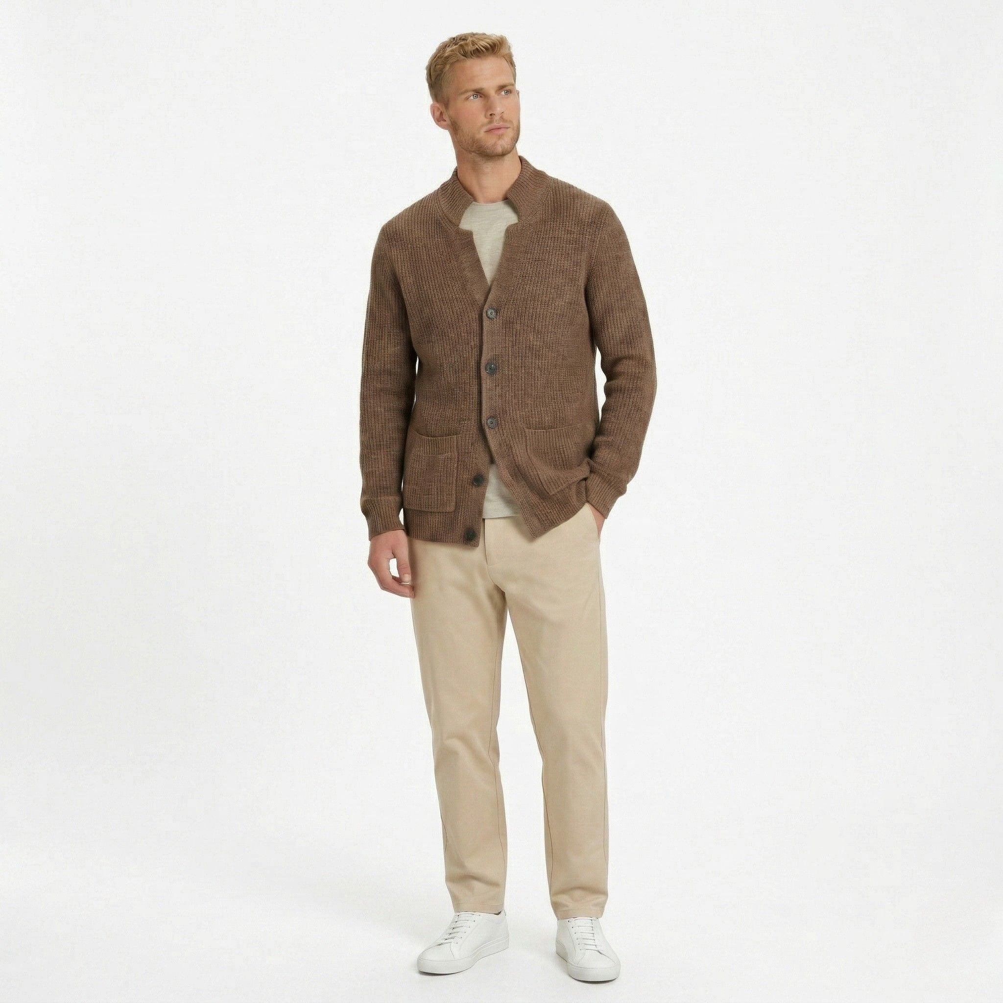 Men's Knit Cardigan Ribbed Patch Pocket Regular Fit