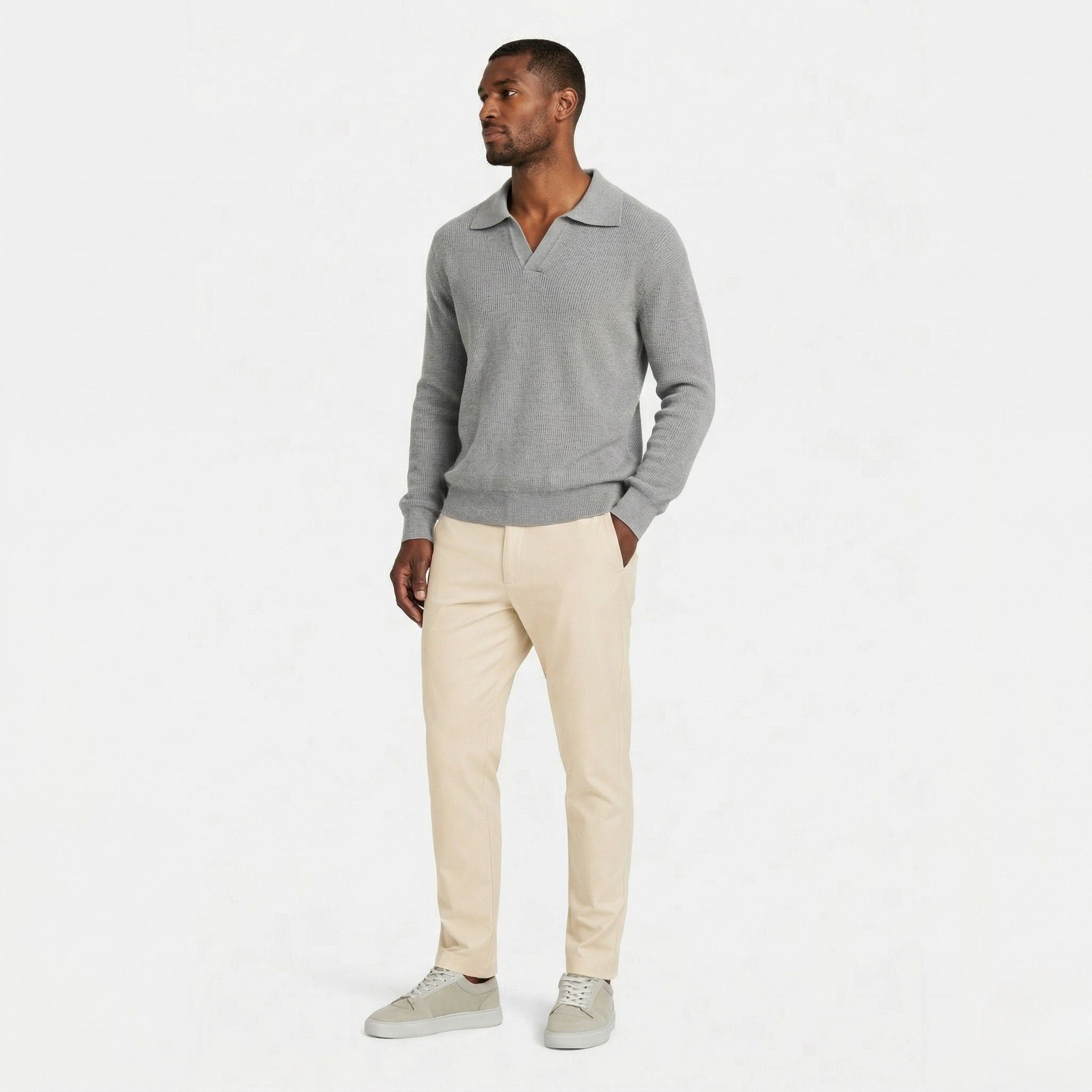 Men's Knit Polo Ribbed Long Sleeve Open Collar Regular Fit