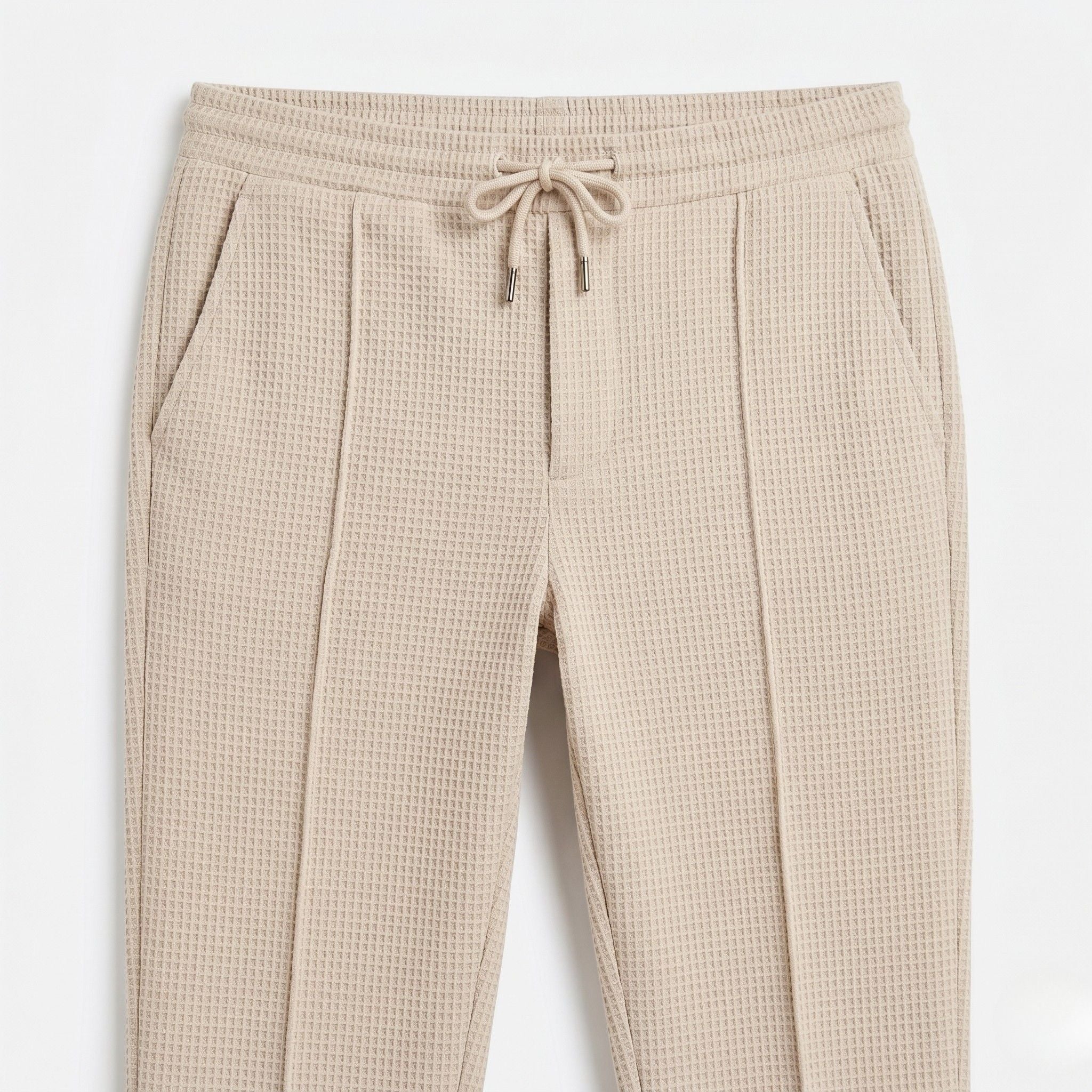 Men's Waffle Knit Trousers Elasticated Drawstring Waist Pintuck Seam Slim Fit