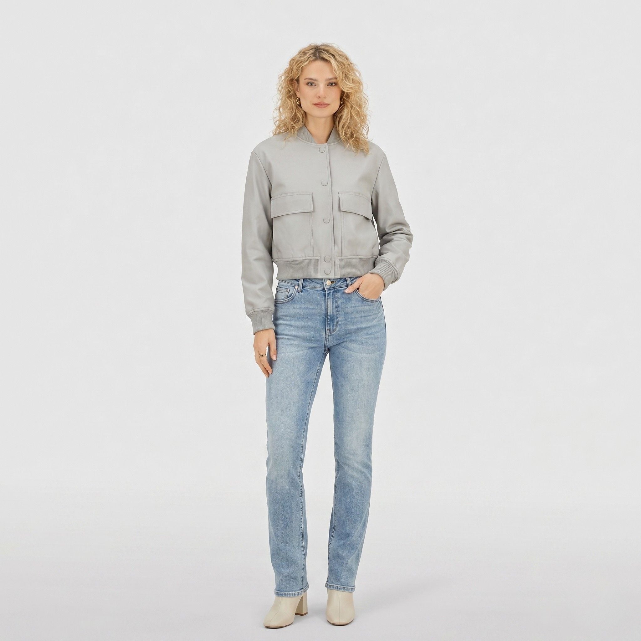 Women's Cropped Bomber Jacket Dual Patch Pocket Regular Fit