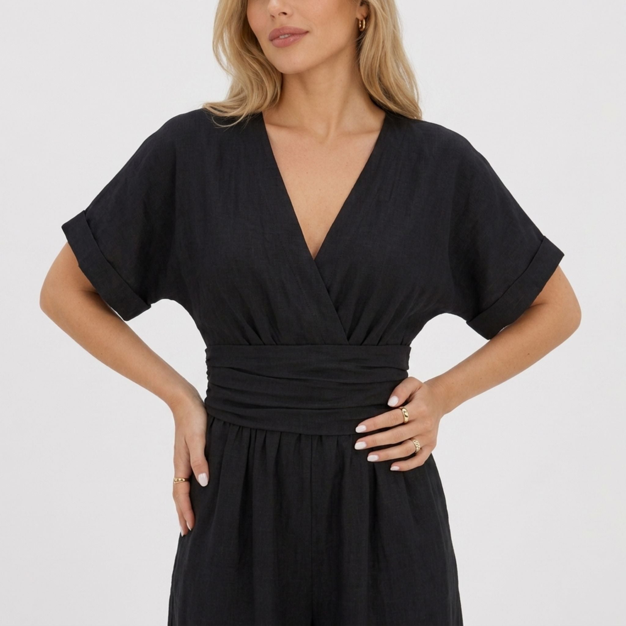 Women's Wrap Jumpsuit V-Neck Batwing Sleeve Wide Leg Relaxed Fit