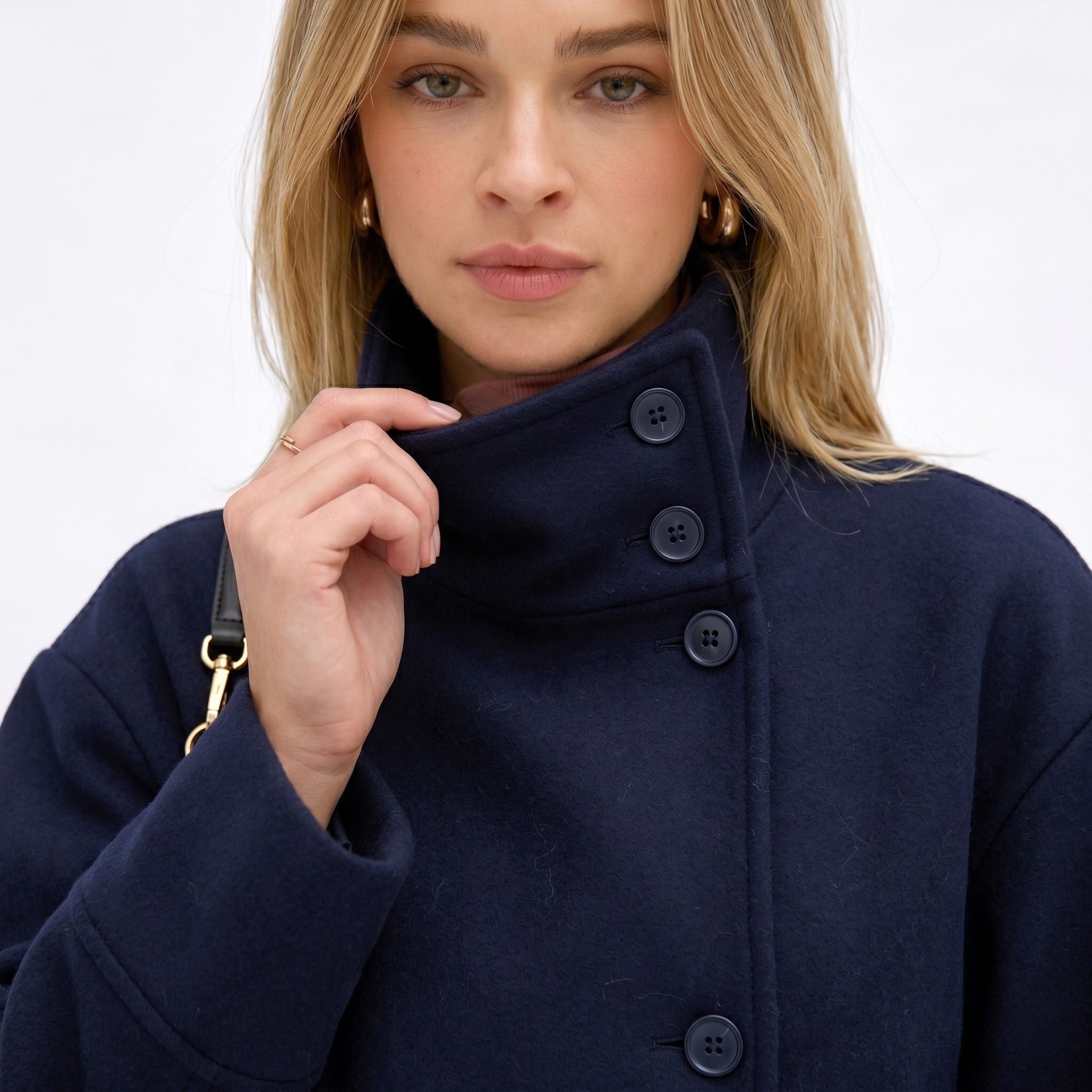 Women's Wool-Blend Coat Jacket Single-Breasted Funnel Neck