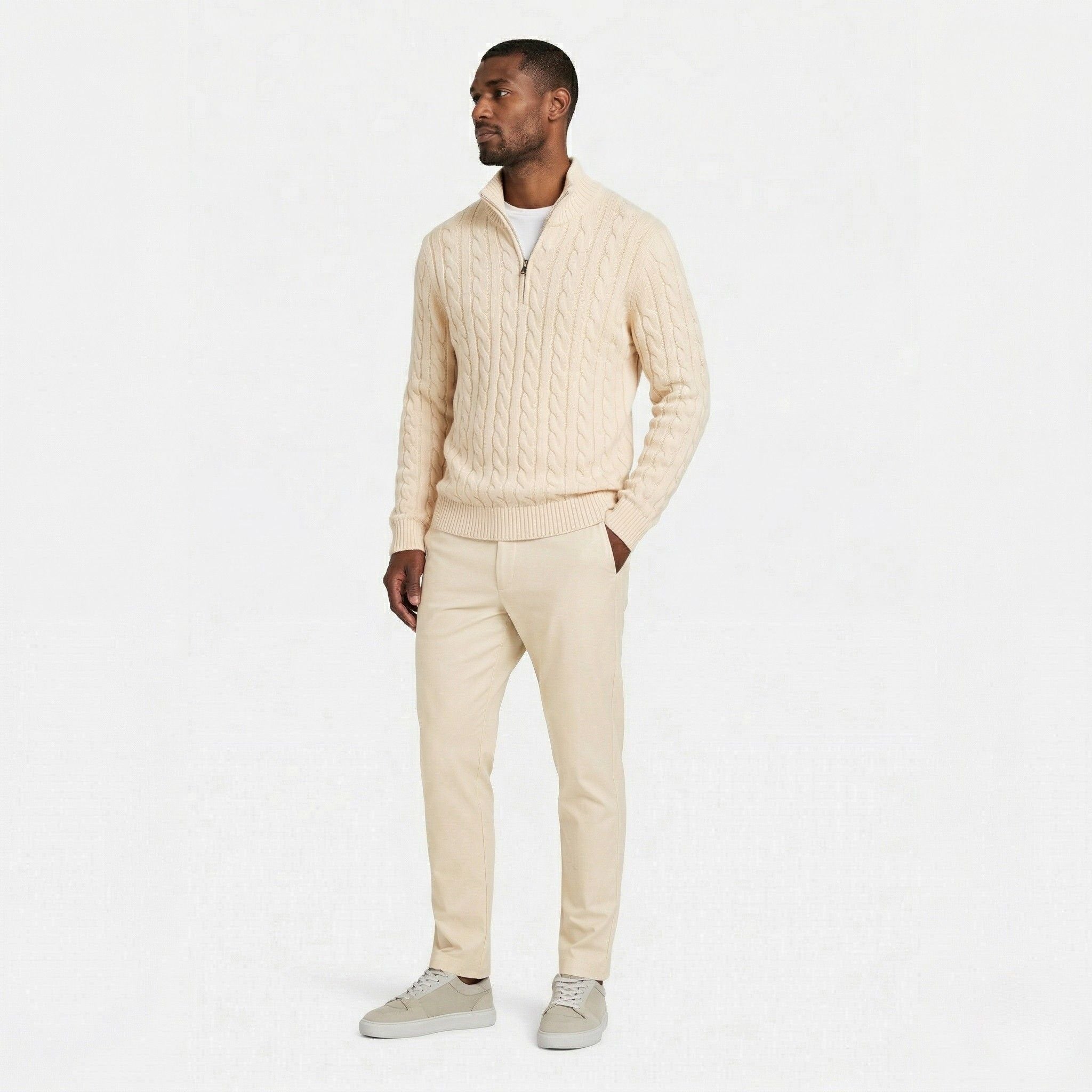 Men's Knit Jumper Cable Quarter-Zip Funnel Neck Regular Fit