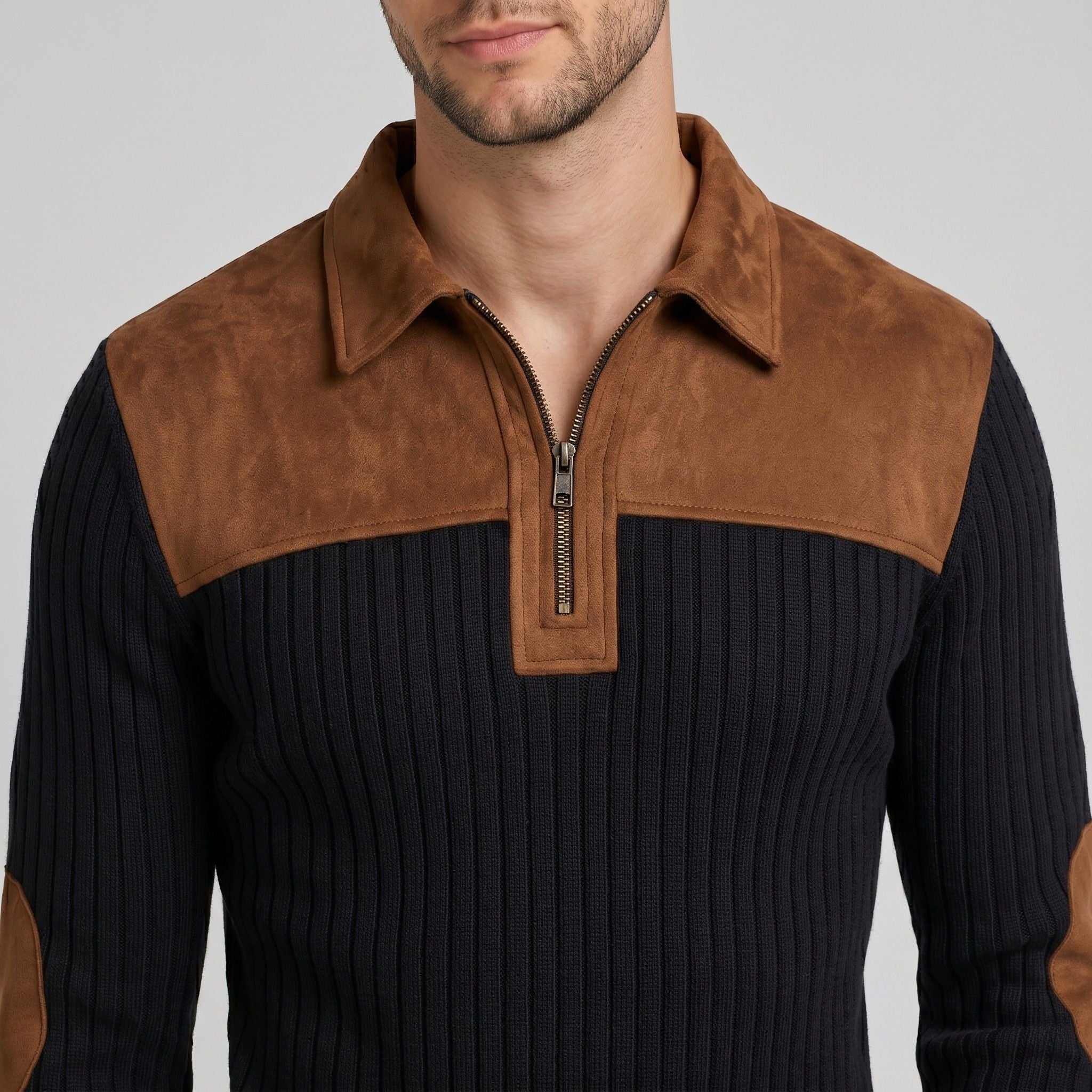 Men's Knit Jumper Quarter-Zip Ribbed Elbow Patches Regular Fit
