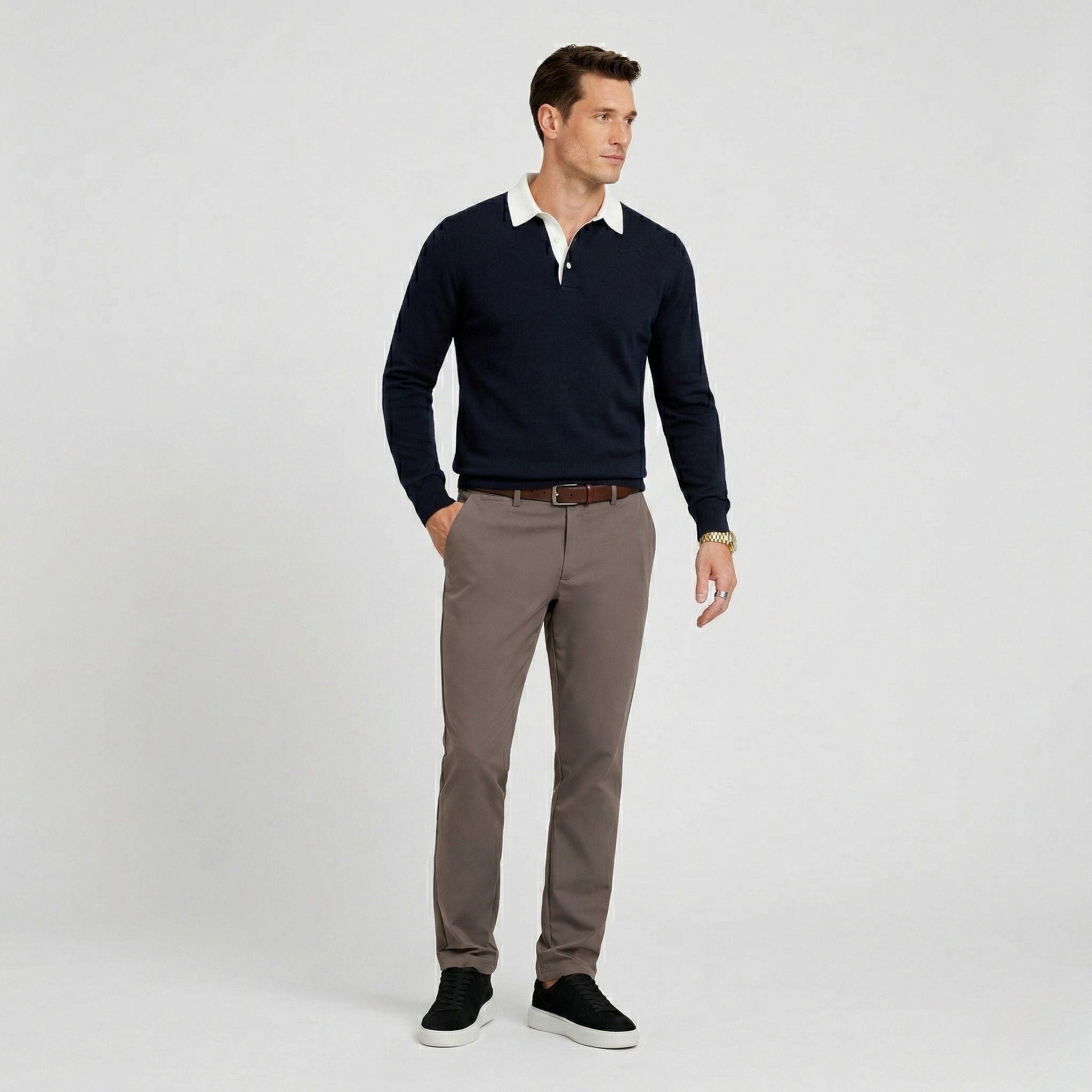 Men's Knit Polo Long Sleeve Contrast Collar Regular Fit
