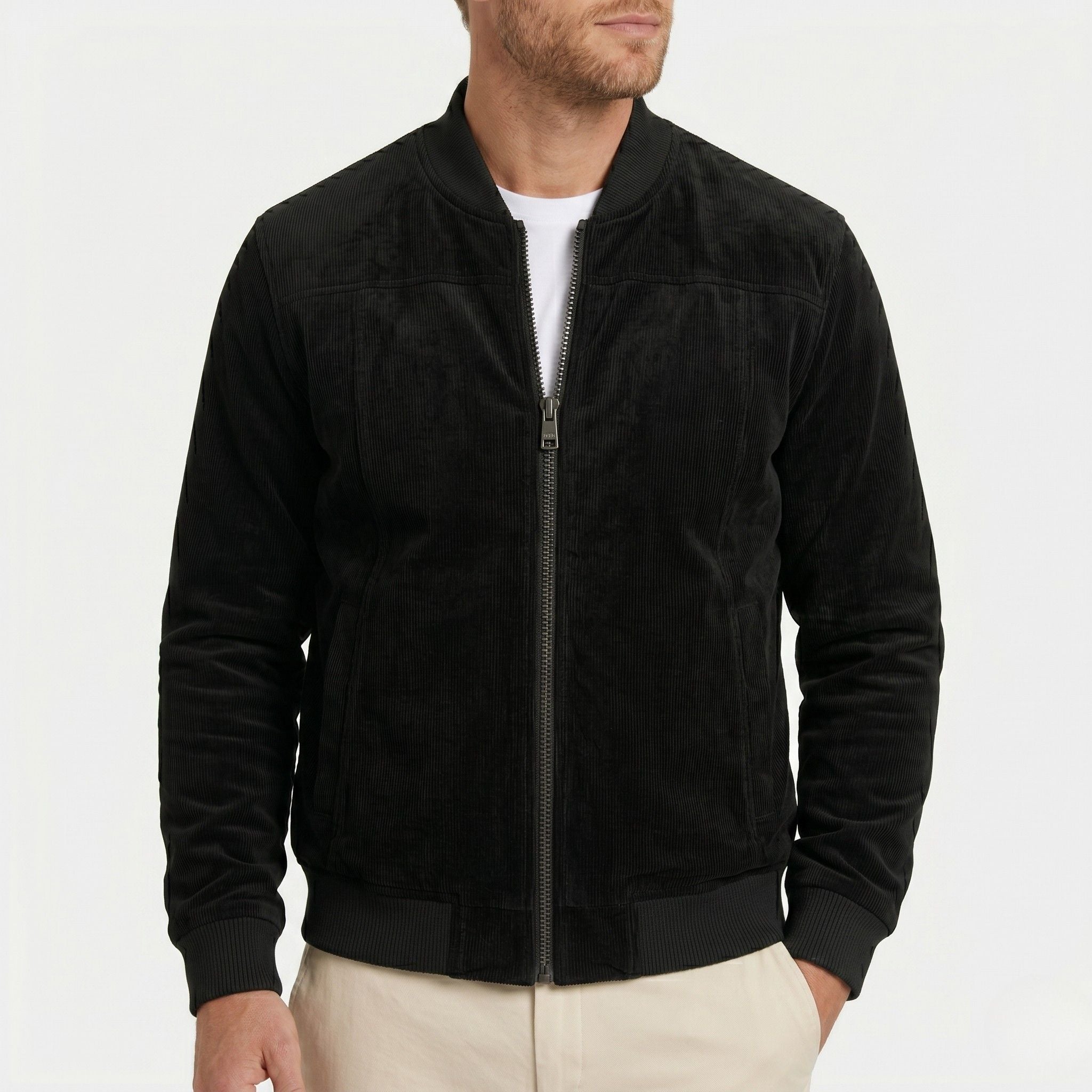 Men's Zip Bomber Jacket Ribbed Collar Regular Fit