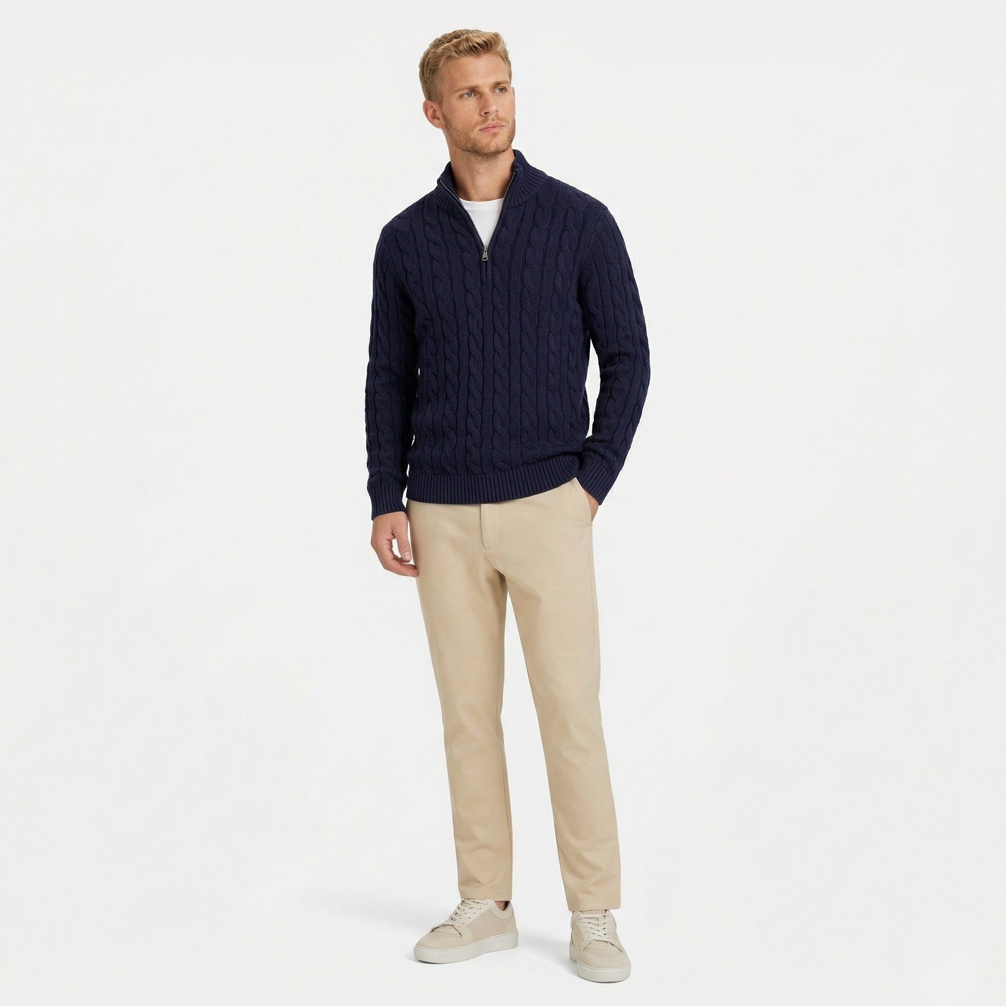 Men's Knit Jumper Cable Quarter-Zip Funnel Neck Regular Fit