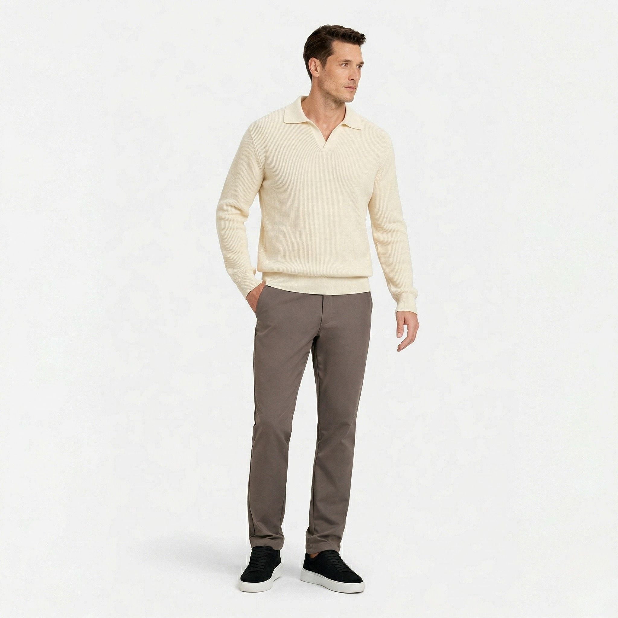 Men's Knit Polo Ribbed Long Sleeve Open Collar Regular Fit