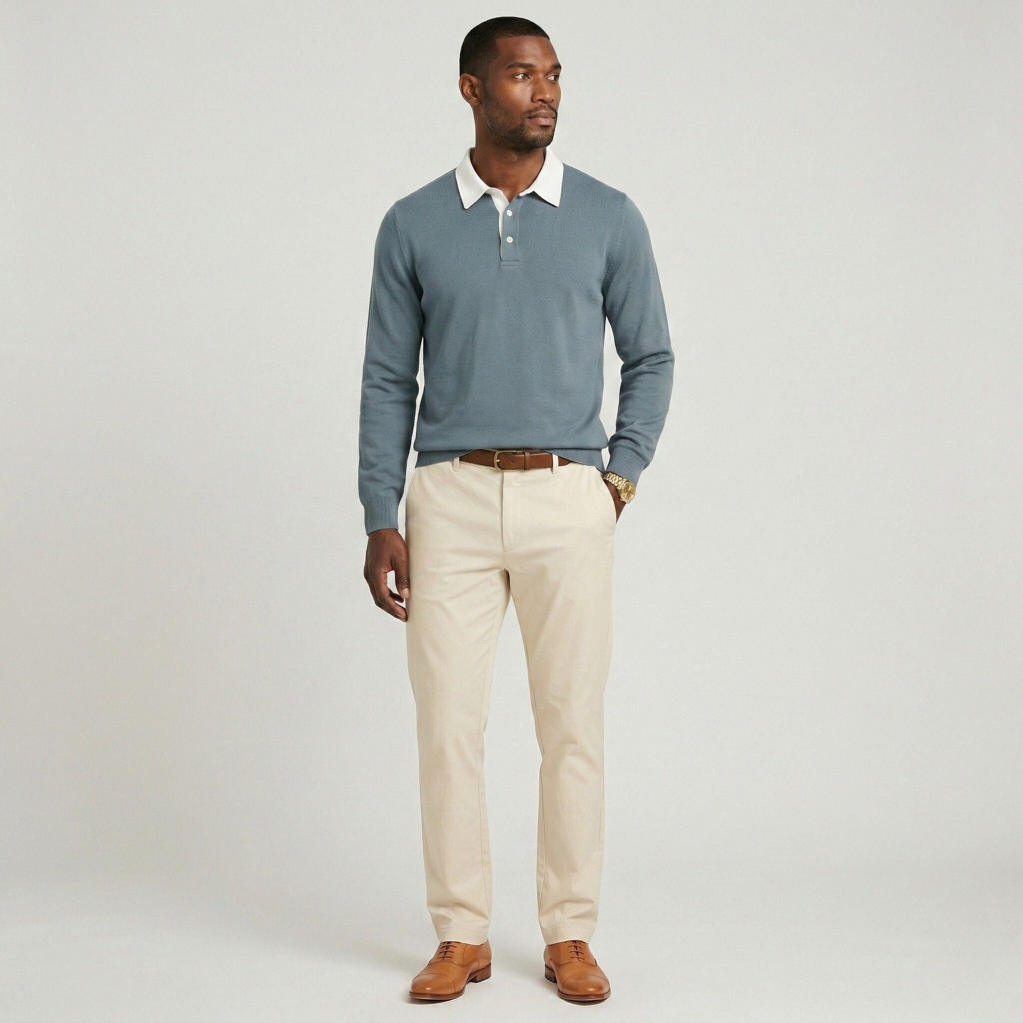 Men's Knit Polo Long Sleeve Contrast Collar Regular Fit