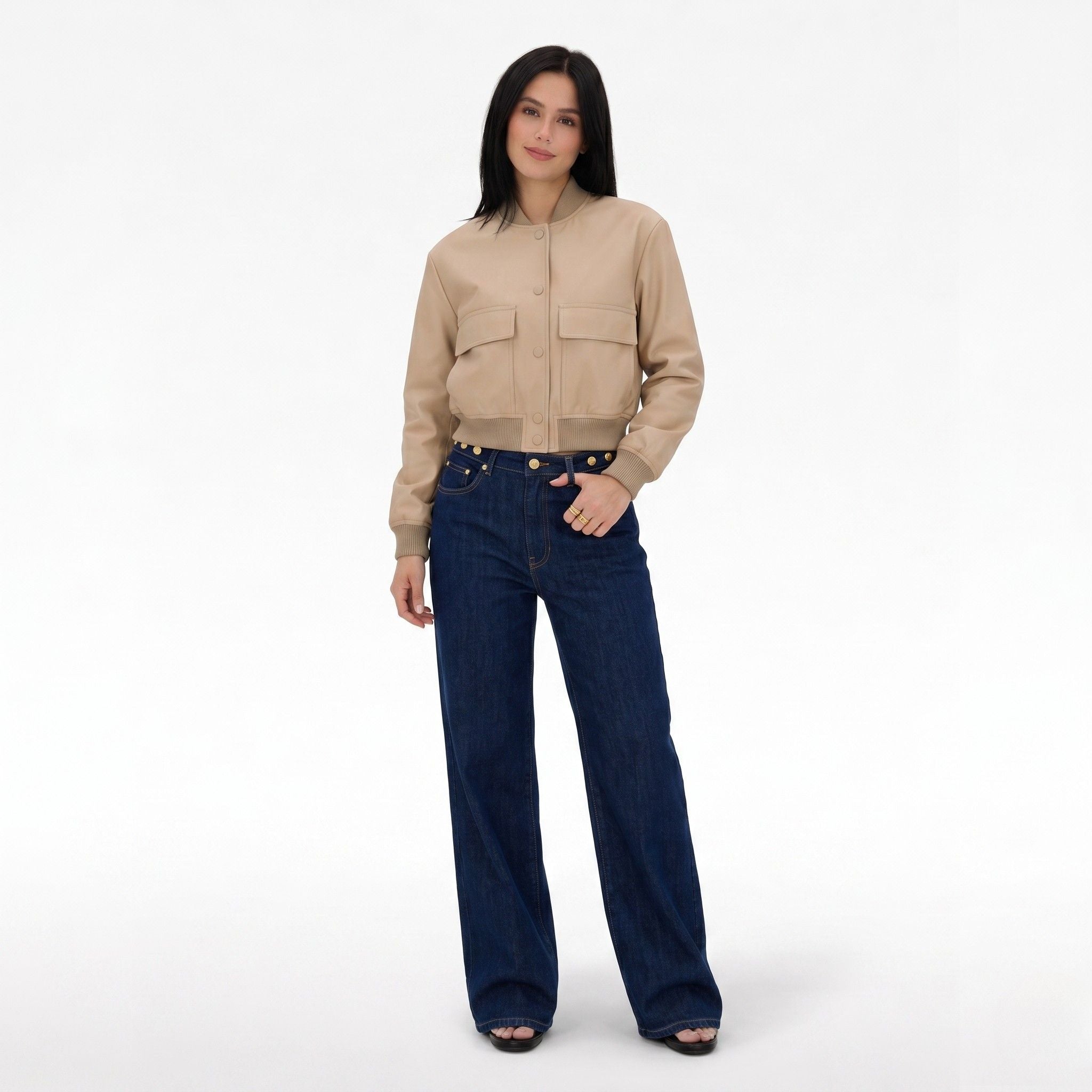 Women's Cropped Bomber Jacket Dual Patch Pocket Regular Fit